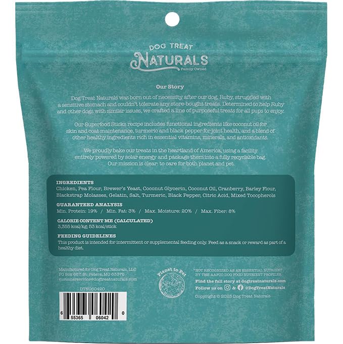 Dog Treat Naturals Chicken & Cranberry Superfood Sticks for Dogs | Premium Training Treats | with Turmeric for Joint Health | Ma