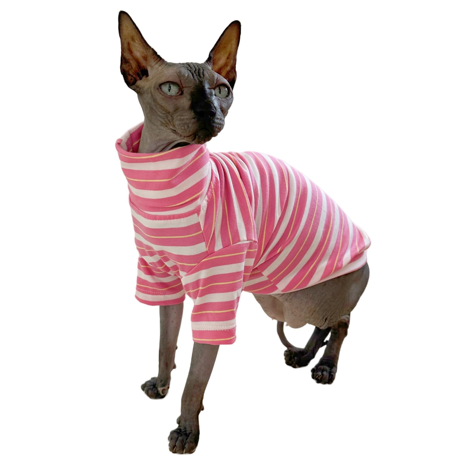 Vintage Stripes Sphynx Hairless Cats Shirt Cotton Cat Turtleneck Pet Clothes Kitten T-Shirts With Sleeves For Sphynx Cats (Sakur
