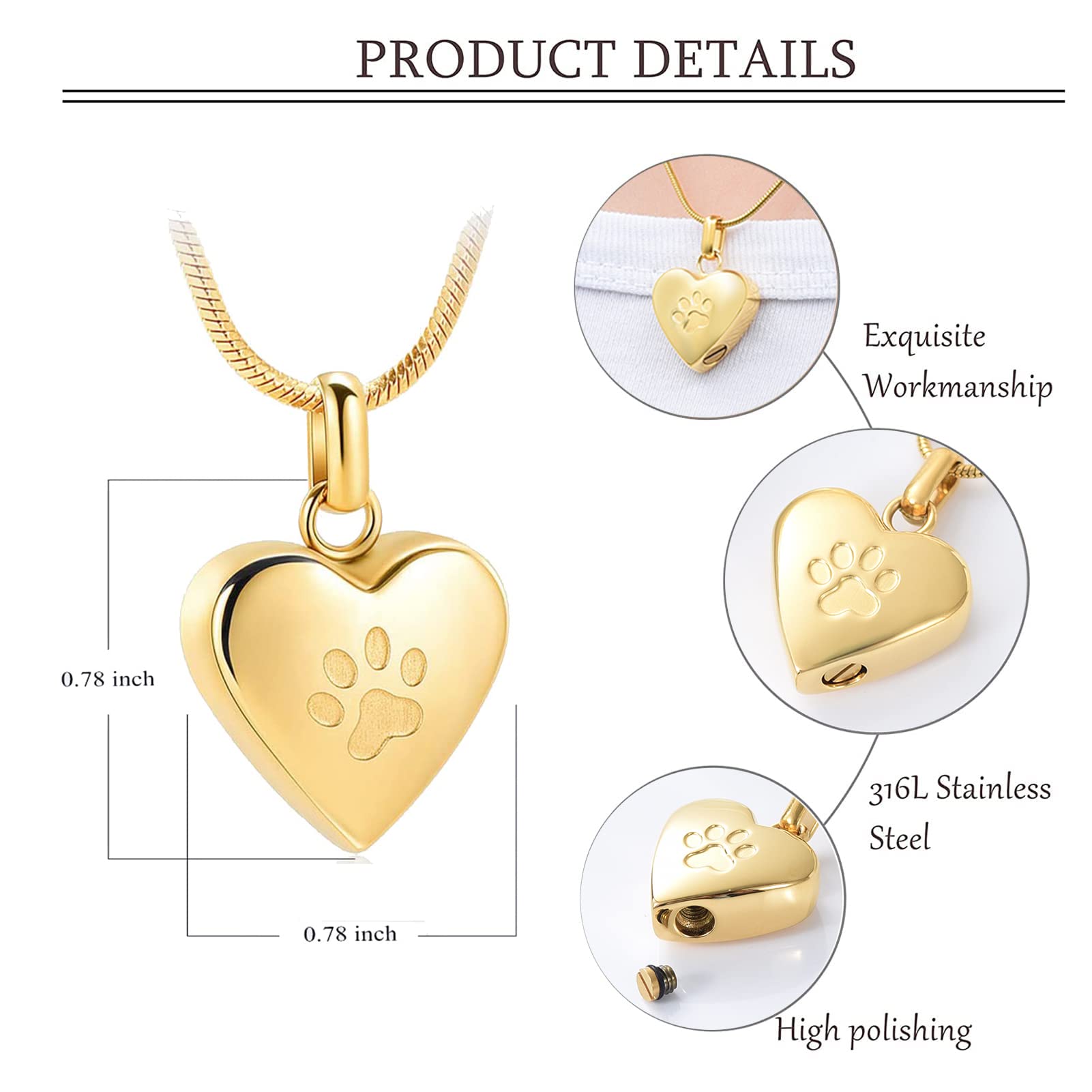 Zeqingjw Pet Cremation Jewelry For Ashes Pendant Paw Print Pet Heart Urn Necklace Memorial Keepsake Jewelry For Pet/Dog'S/Cat'S Ashes (Gold)