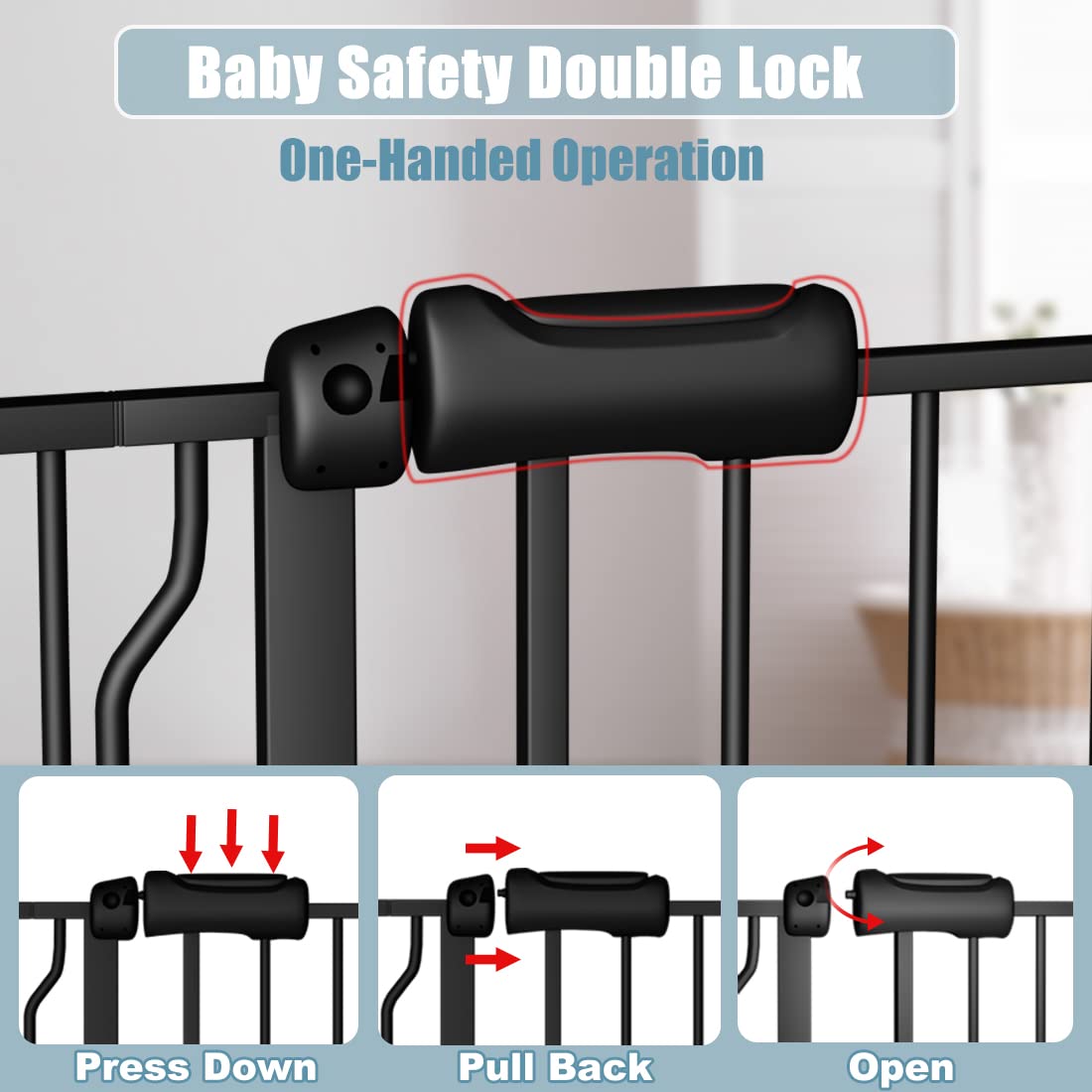 Flower Frail Baby Gate - Pressure Mounted Safety Gate, 43.5-48 Inch Wide, Black Alloy Steel, Model A07W046, Ideal for Dogs and Toddlers