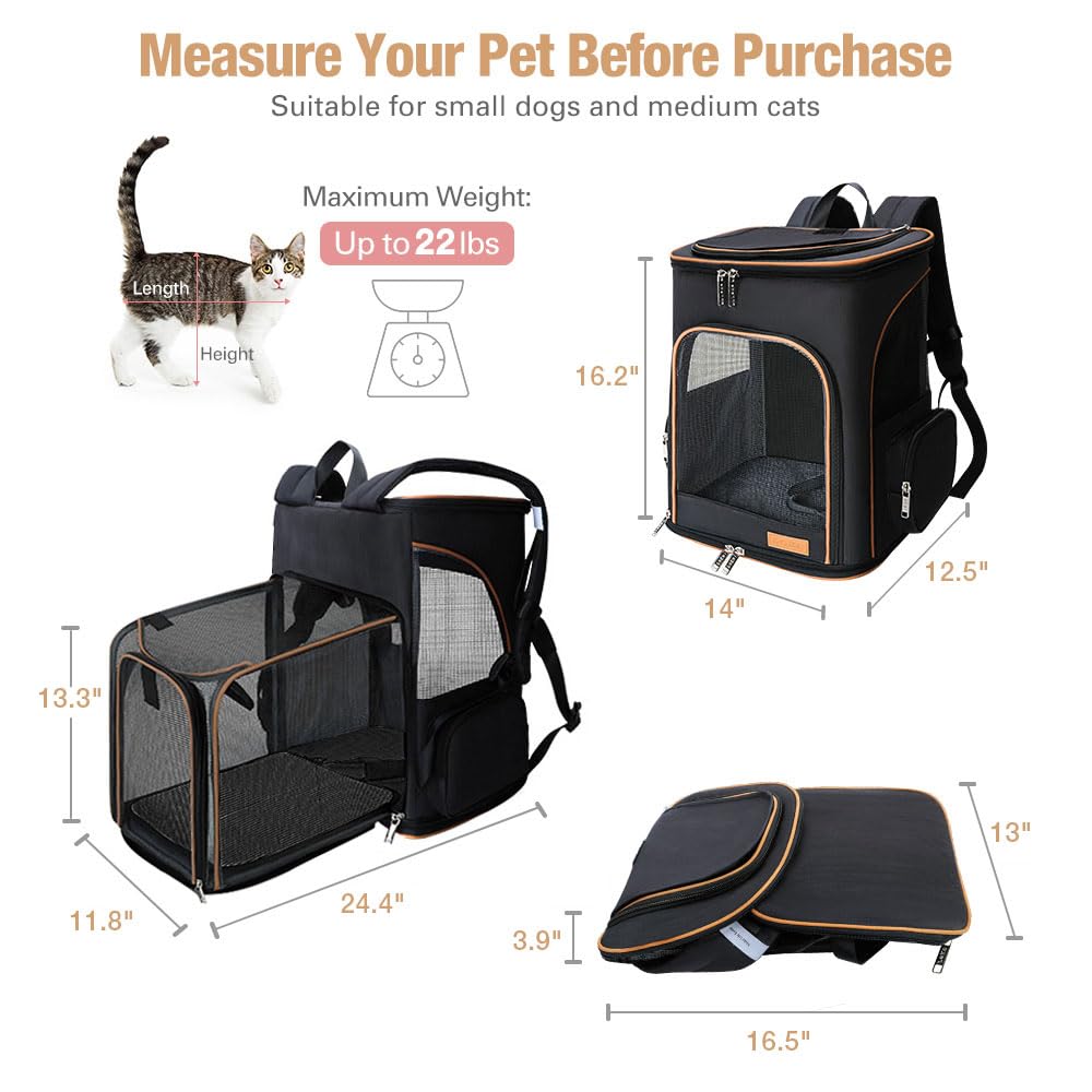 Lekereise Black Cat Backpack For Large Cats And Dogs Up To 20-25 Lbs Expandable Pet Carrier Backpack Dog Backpack With Safety Le