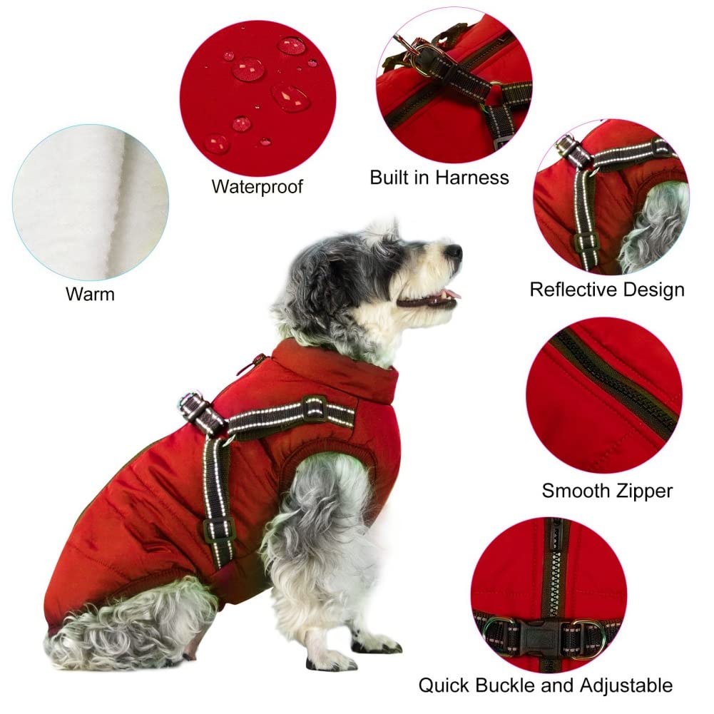 Gyuzh Winter Dog Coat with Harness, Fleece, Waterproof, XXX-Large, Red, Reflective for Small to Large Dogs