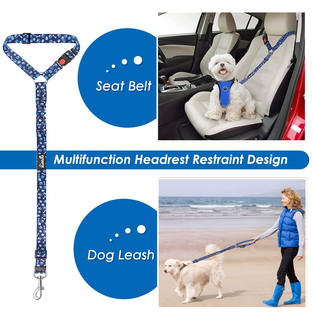 Lukovee Dog Seatbelt Leash For Cars, 2 Pack Pet Safety Car Seat Belt With Adjustable Buckle & Reflective Bungee, Connect Dog Harness In Vehicle Car Dogs Restraint Travel Daily Use (Blue Paw)