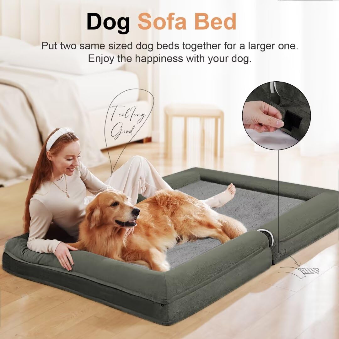 Large Dog Bed Orthopedic Washable: Jumbo Dog Bed Bolster Extra Large Dogs Egg Crate Foam Sofa Couch Waterproof Removable Cover - Dark Green