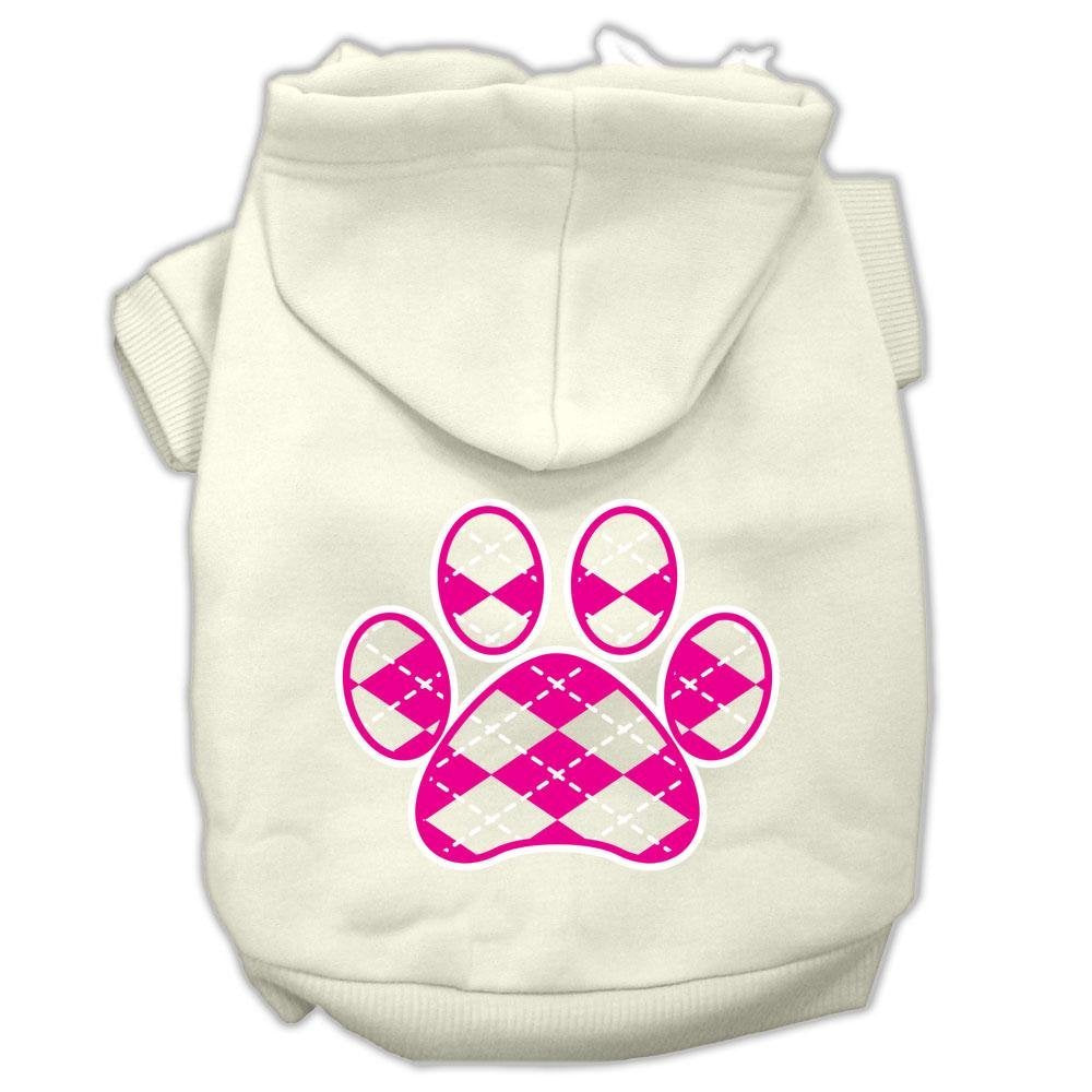 Pet Dog & Cat Hoodie Screen Printed, 'Pink Argyle Paw' Cream Md (6-10 Lbs.)