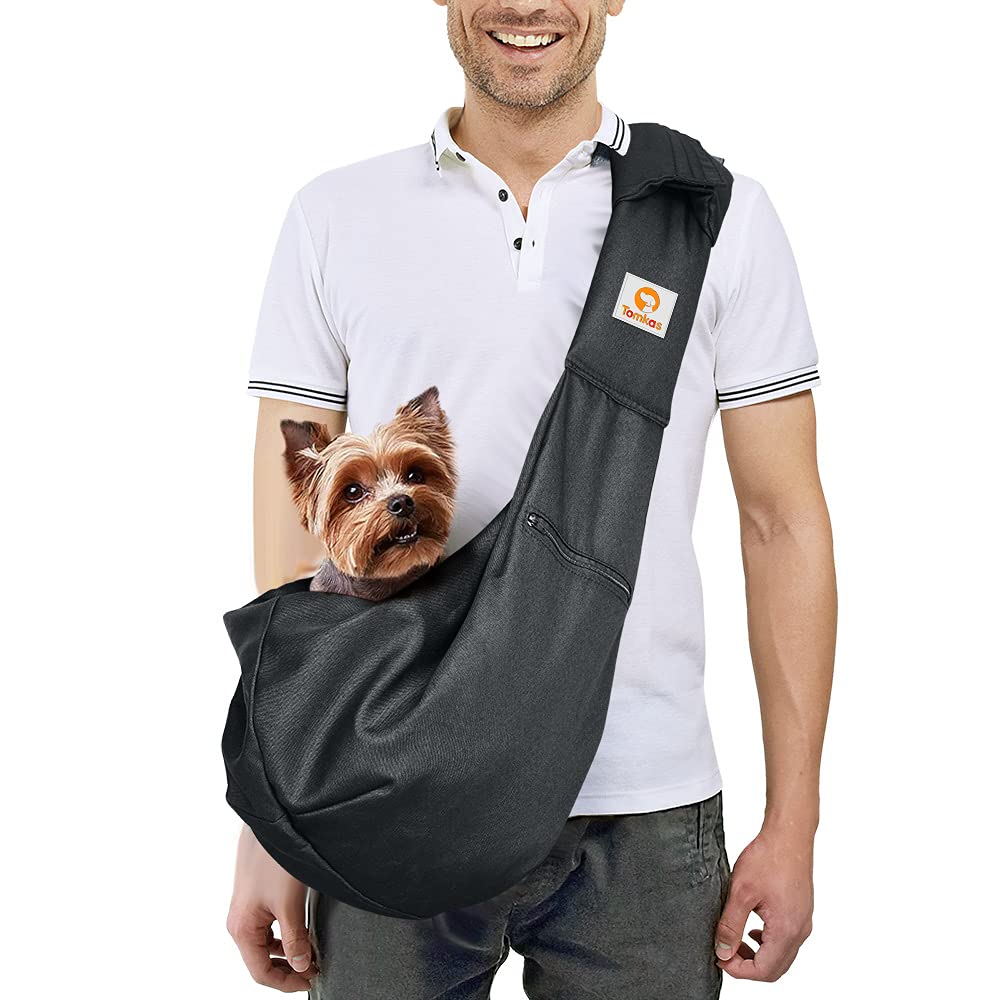 Tomkas Small Dog Sling Carrier - Zipper Pocket & Adjustable Strap & Zip Pocket - For 8 - 15 Lbs Pets(Black)Pupppy