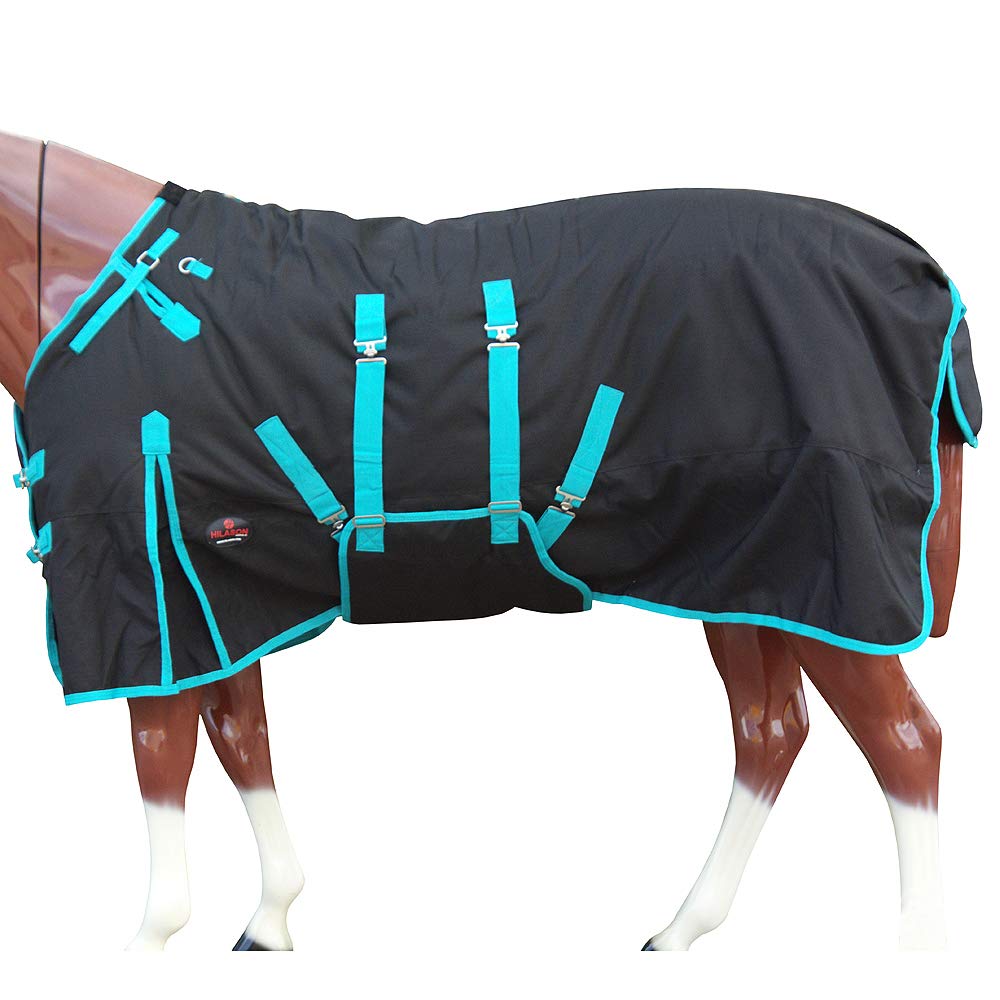 Black with Turquoise Trims 84 inch HILASON 1200D Winter Waterproof Poly Horse Turnout Blanket Belly Wrap