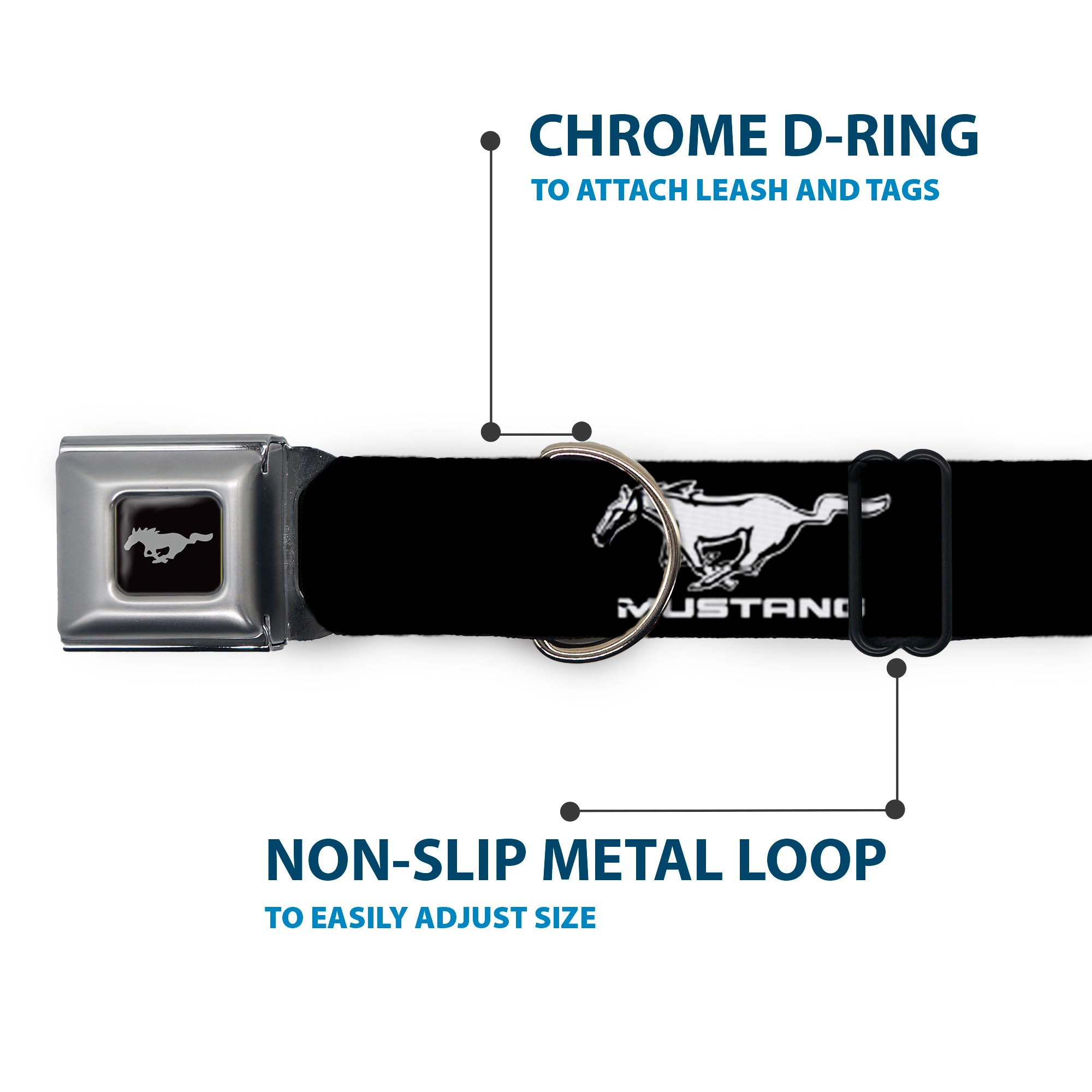 Buckle-Down Dog Collar Seatbelt Buckle Ford Mustang Black White Logo Repeat, 1.5'''' Wide - Fits 13-18'''' Neck - Small (Dc-Wfm0