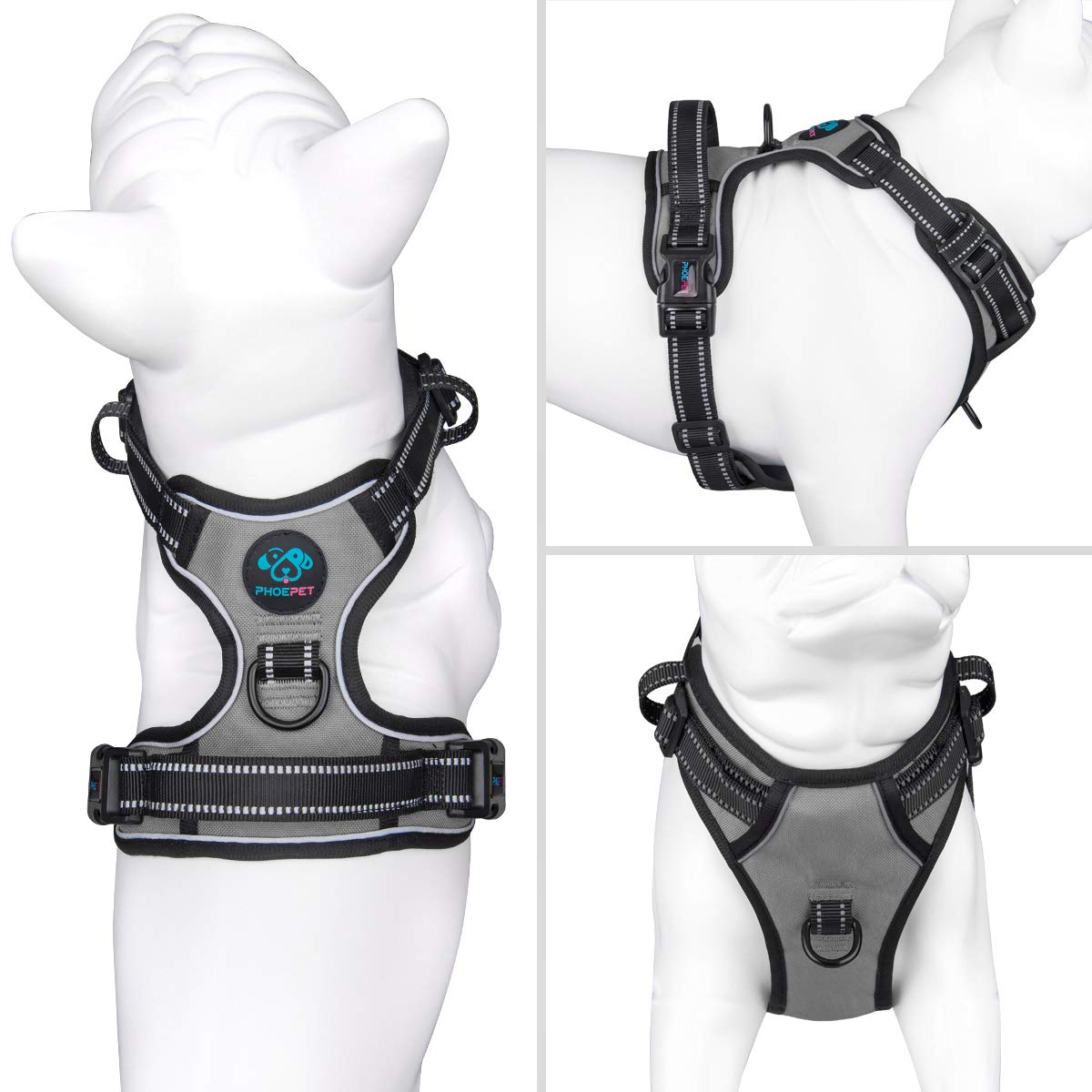 PHOEPET No Pull Dog Harness Medium Reflective Front Clip Vest with Handle,Adjustable 2 Metal Rings 2 Buckles(L, Grey)