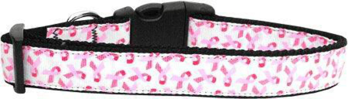 Pet Dog & Cat Nylon Collar or Leash, &quot;Pink Ribbons On White&quot; LG Collar