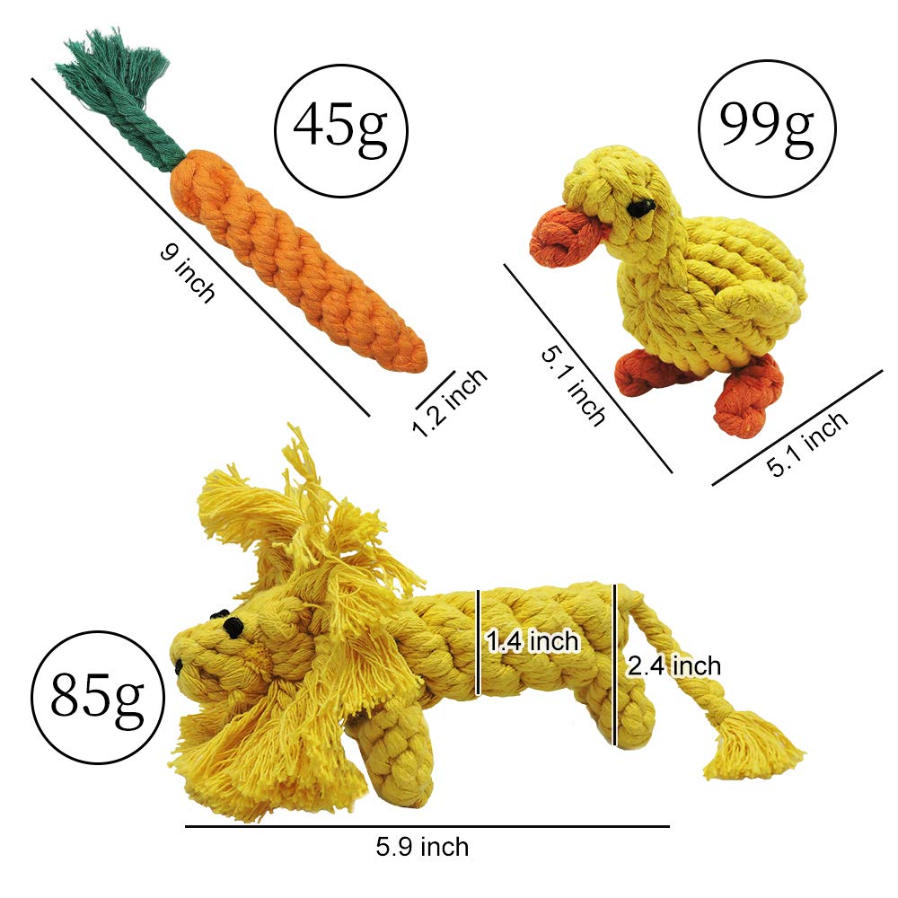 Andiker Dog Chewing Toys - 3PCS Cotton Rope Puppy Teething Cleaning and Training Durable Dog Plush Toys Lion&Carrot&Duck Toy for