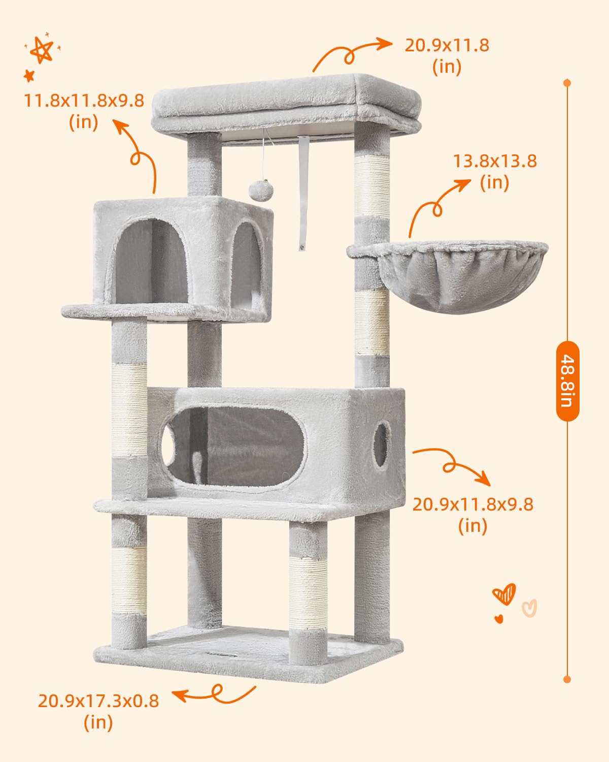 Taoqimiao Cat Tree,49-Inch Cat Tower For Indoor Cats,2 Luxurious Cat Condo With Adjustable Large Hanging Baskets And Large Luxur