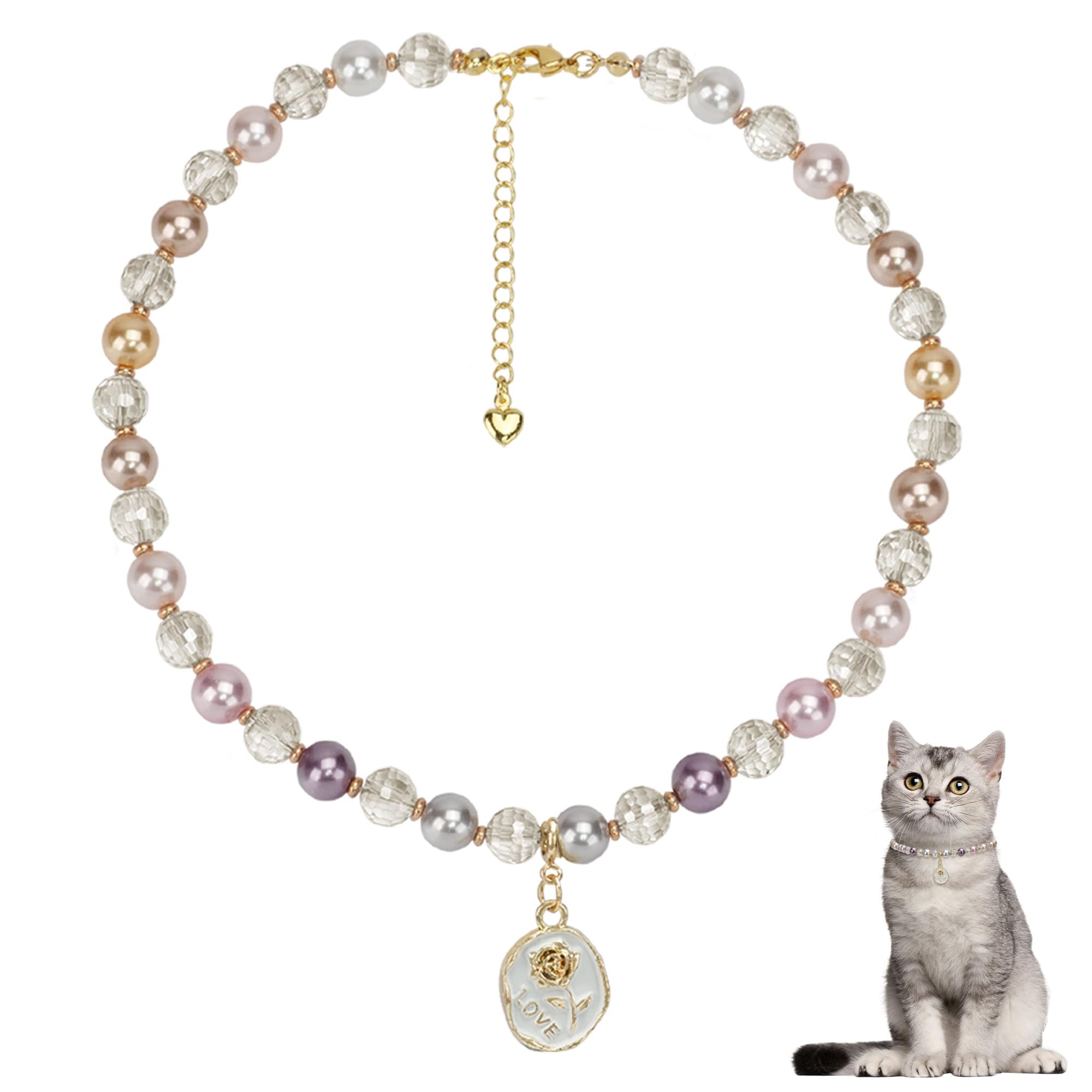 Funbegin Cat Dog Necklace Collar With Pearls Rhinestones Elegant Bling Diamond Stylish Accessories For Pet Puppies Small