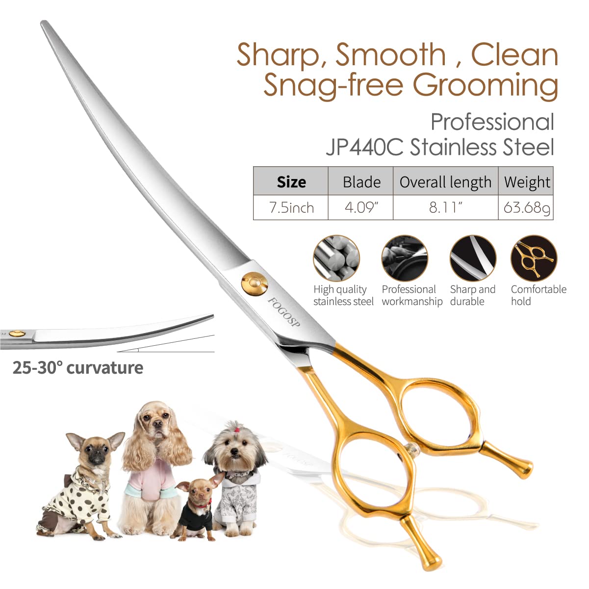 Fogosp Curved Dog Grooming Scissors Professional 7.5'' Grooming Shears For Dogs Pet Right Handed Groomer Japan 440C Stainless St