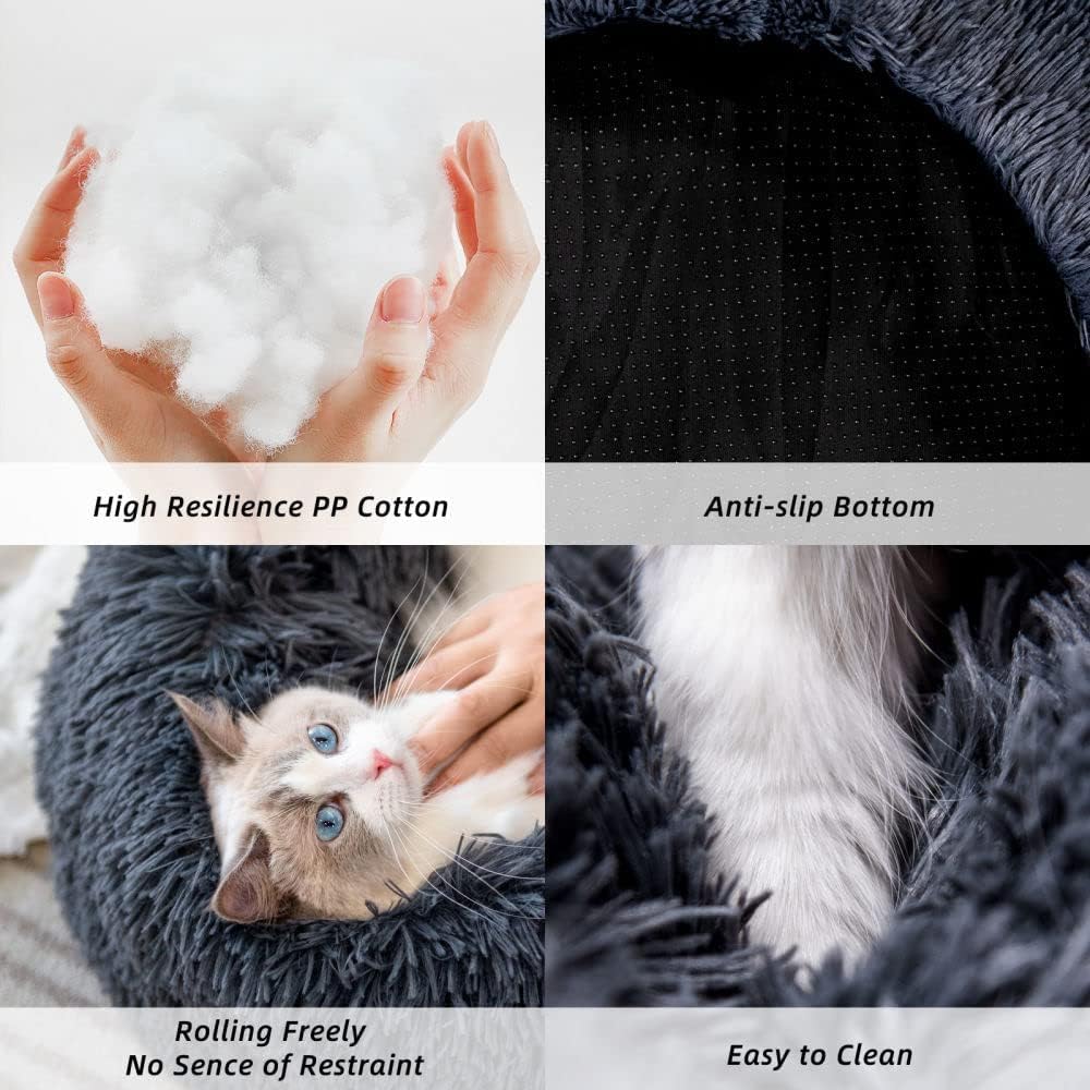 Kitty City Cat Beds - Washable 20/24 Inch, Anti-Anxiety Round Faux Fur, Thick Bottom (Dark Grey, Medium) For Indoor Cats & Small Dogs