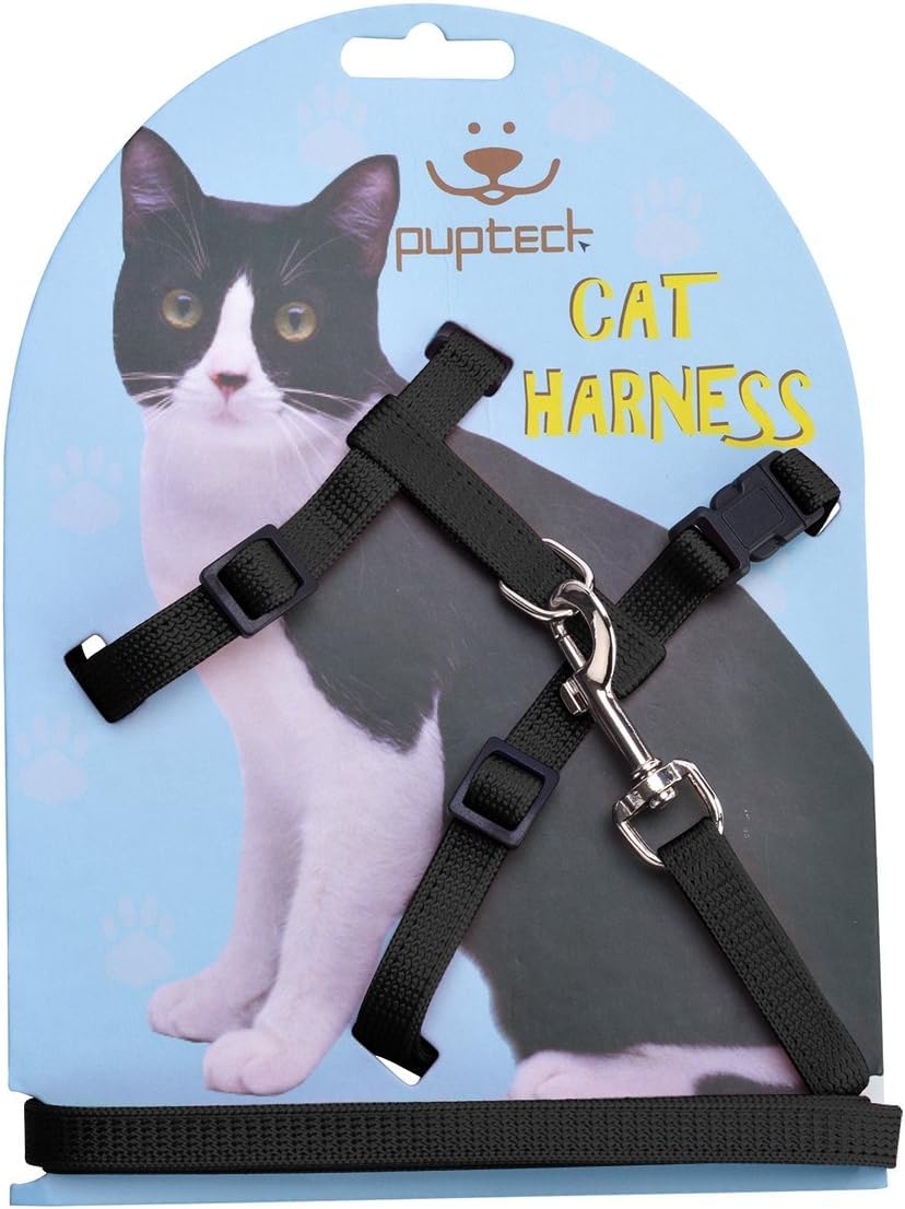Pupteck Adjustable Cat Harness And Leash Set Escape Proof Kitten Strap Collar For Walking Travel, Black, M