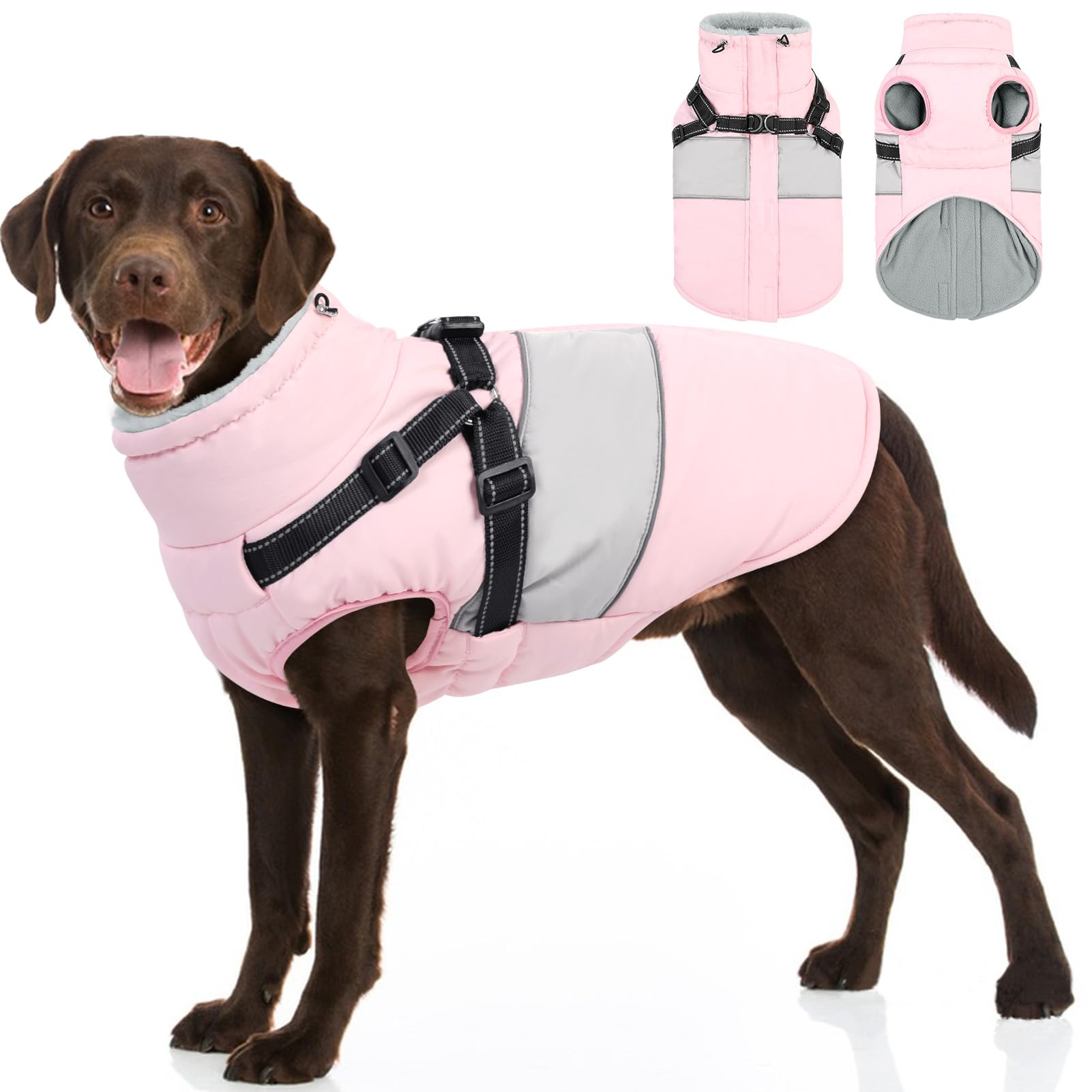 Sunfura Dog Coat, Xxl Dog Jacket Winter With Harness Built In, Waterproof Pet Snow Jacket With Furry Collar For Chilly Day, Refl