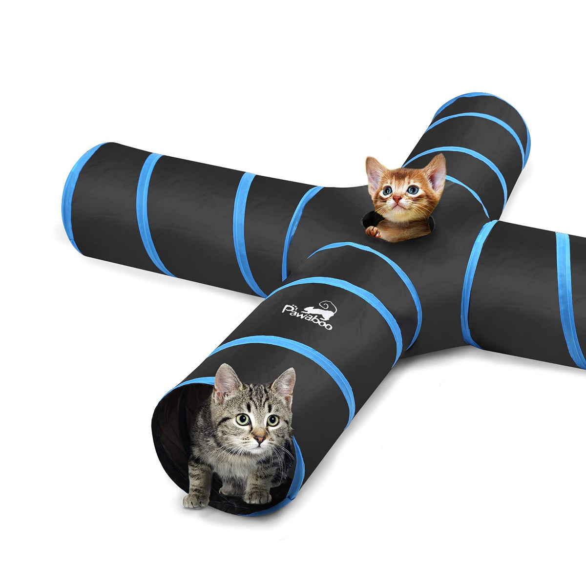 Pawaboo Cat Toys, Cat Tunnel Tube 4 Way Tunnels 25X53Cm Extensible Collapsible Cat Play Tent Interactive Toy Maze Cat House With Balls And Bells For Cat Kitten Kitty Rabbit Small Animal, Blue