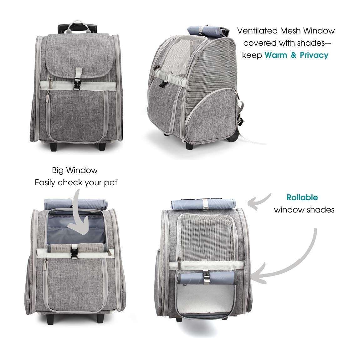 Lollimeow Pet Rolling Carrier, Dog Backpack With Wheels,Cats,Puppies Travel Bag With Wheels,Dog Trolley(Grey)