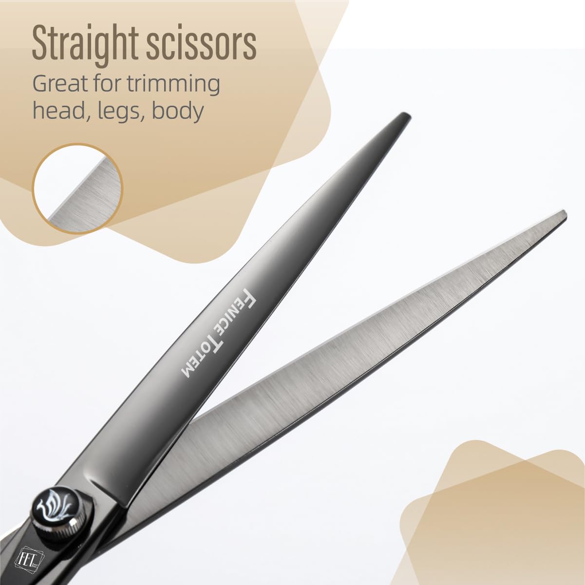 Fenice Totem Dog Grooming Scissors: 7.5 Inch Bright Black Pet Staright Shears Made Of Japanese 440C Advanced Stainless Steel Pro