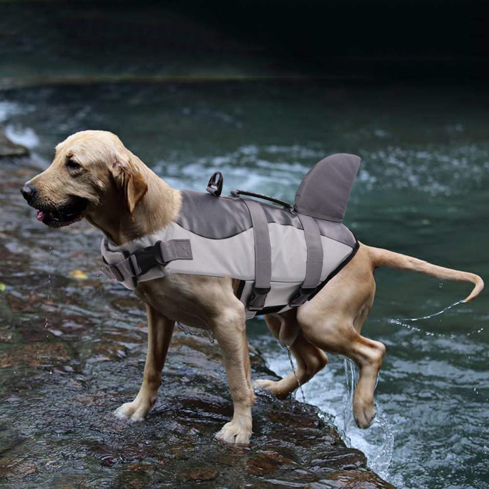 Queenmore Dog Life Jacket Ripstop Shark Dog Safety Vest Adjustable Preserver With High Buoyancy And Durable Rescue Handle For Small,Medium,Large Dogs, Grey Shark X-Small