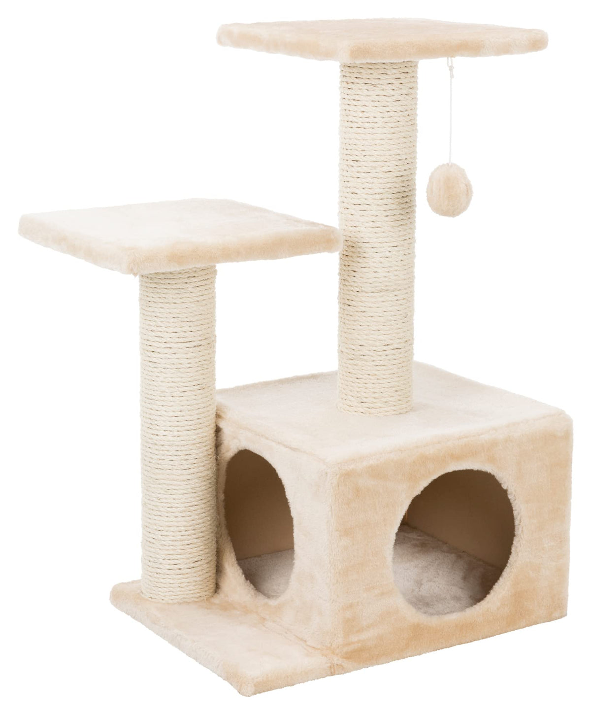 Trixie Valencia Scratching Post With Condo, Two Platforms, Dangling Cat Toy, Beige