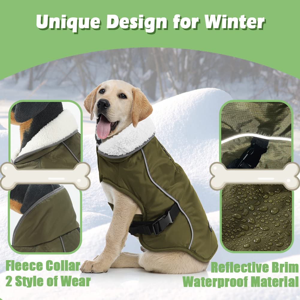 EMUST Winter Dog Jacket, Windproof Dog Apparel for Cold Weather, Reflective Coats for Dogs, Warm Puppy Jacket, Green, S