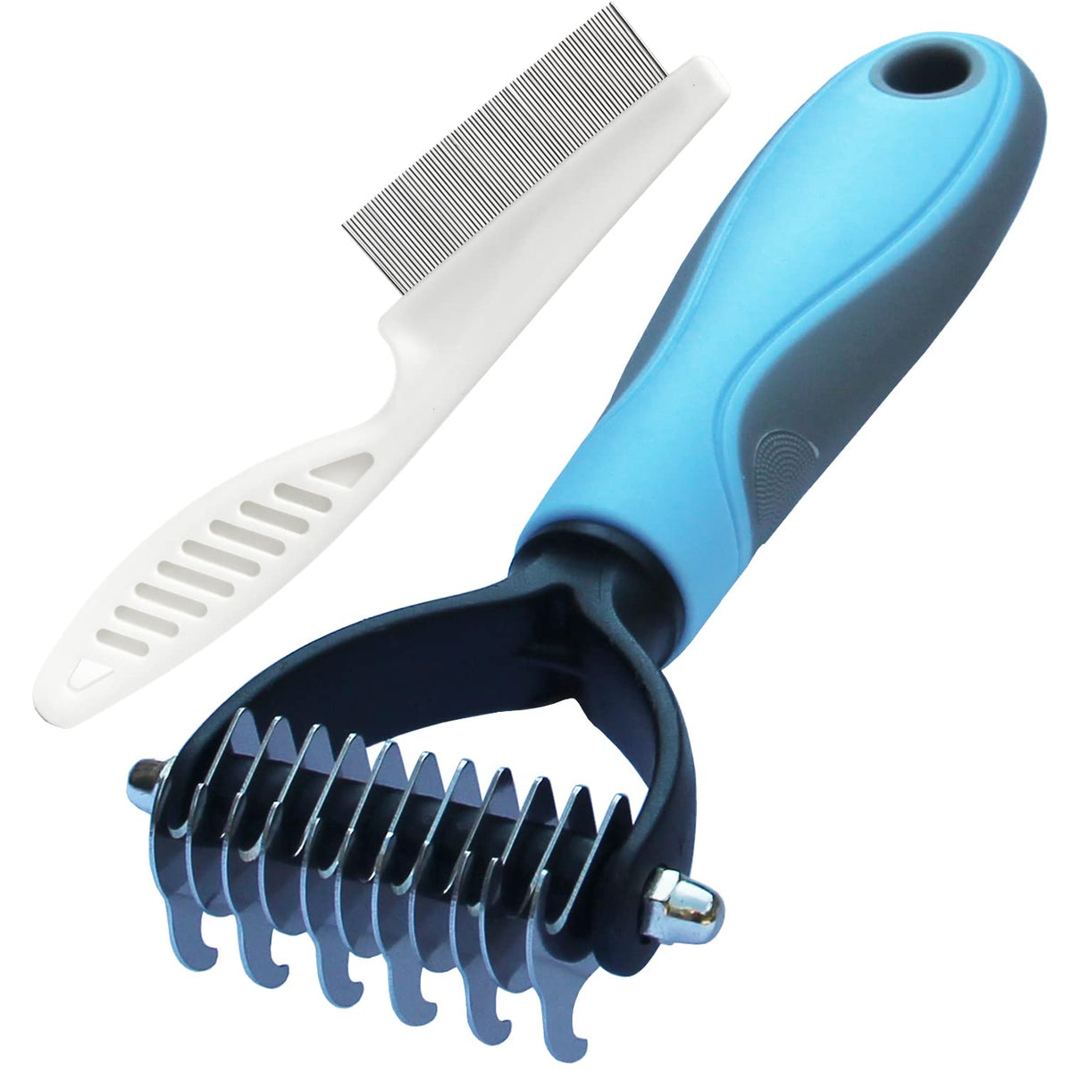 Double-Sided Pet Grooming Rake Comb For Dogs And Cats - Undercoat Dematting Tool With Flea Comb Set (Blue/11 Tooth)