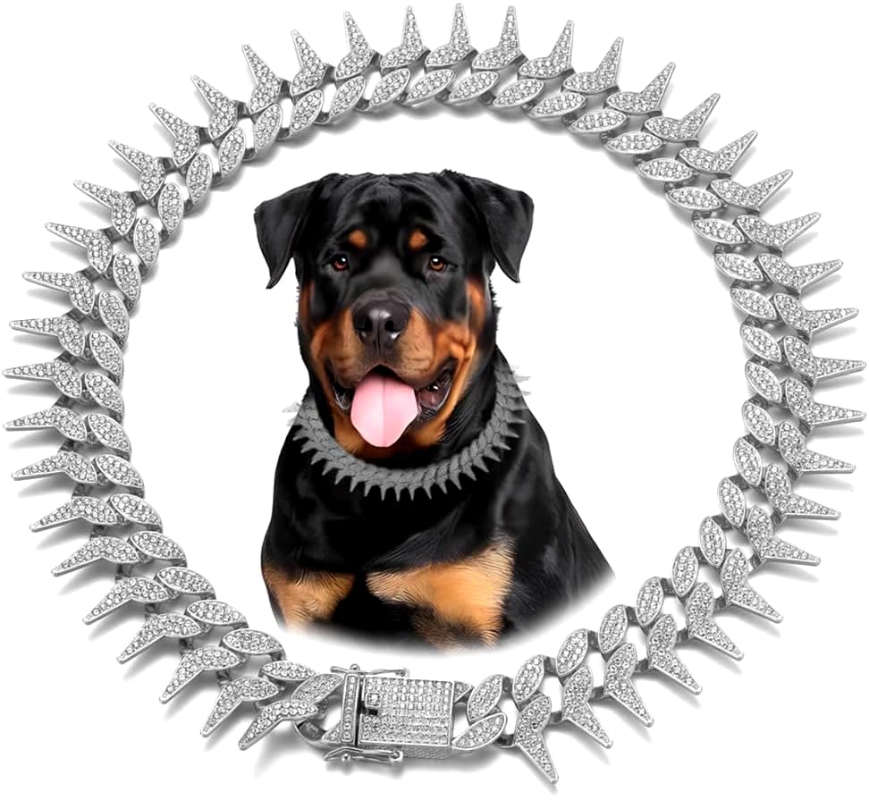 Serijoars Dog Chain Collar, Side Spiked Style Necklace Bling Diamond Cuban Link Dog Collars Glitter Rhinestone Puppy Collar For 