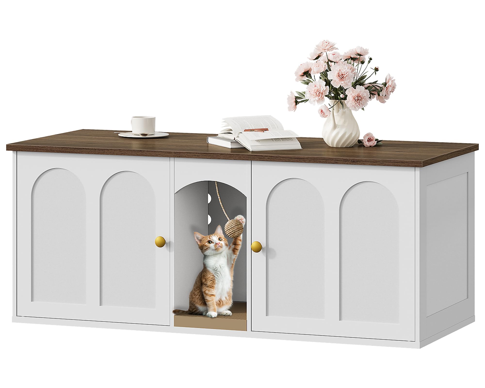 CHOEZON 47.2 Double Cat Litter Box Enclosure, Hidden Cat Litter Box Furniture with Scratching Board and Dangling Ball, for 2 C