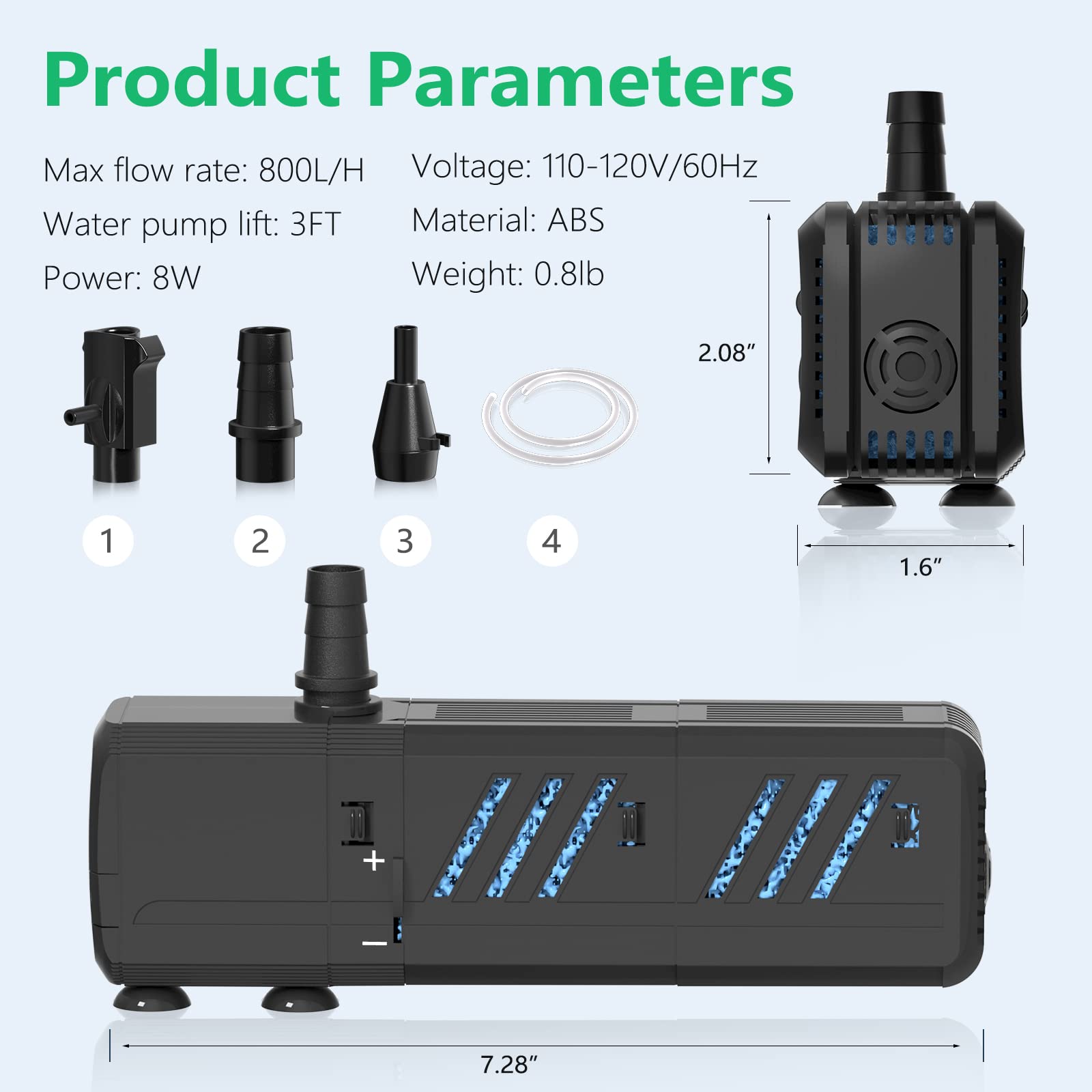 Aquarium Filter, Insputer 8W Turtle Tank Filter With 2 Sponge Filtration, 200 Gph Adjustable Submersible Fish Filters For 10-50 Gallo Pond Freshwater