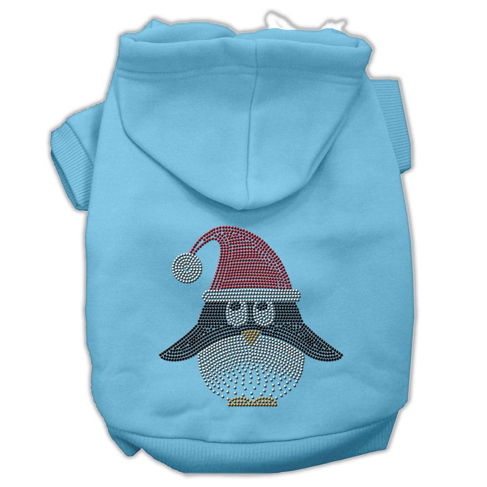 Christmas Pet, Dog & Cat Hoodie Rhinestone, 'Santa Penguin' Baby Blue Sm (3-6 Lbs.)