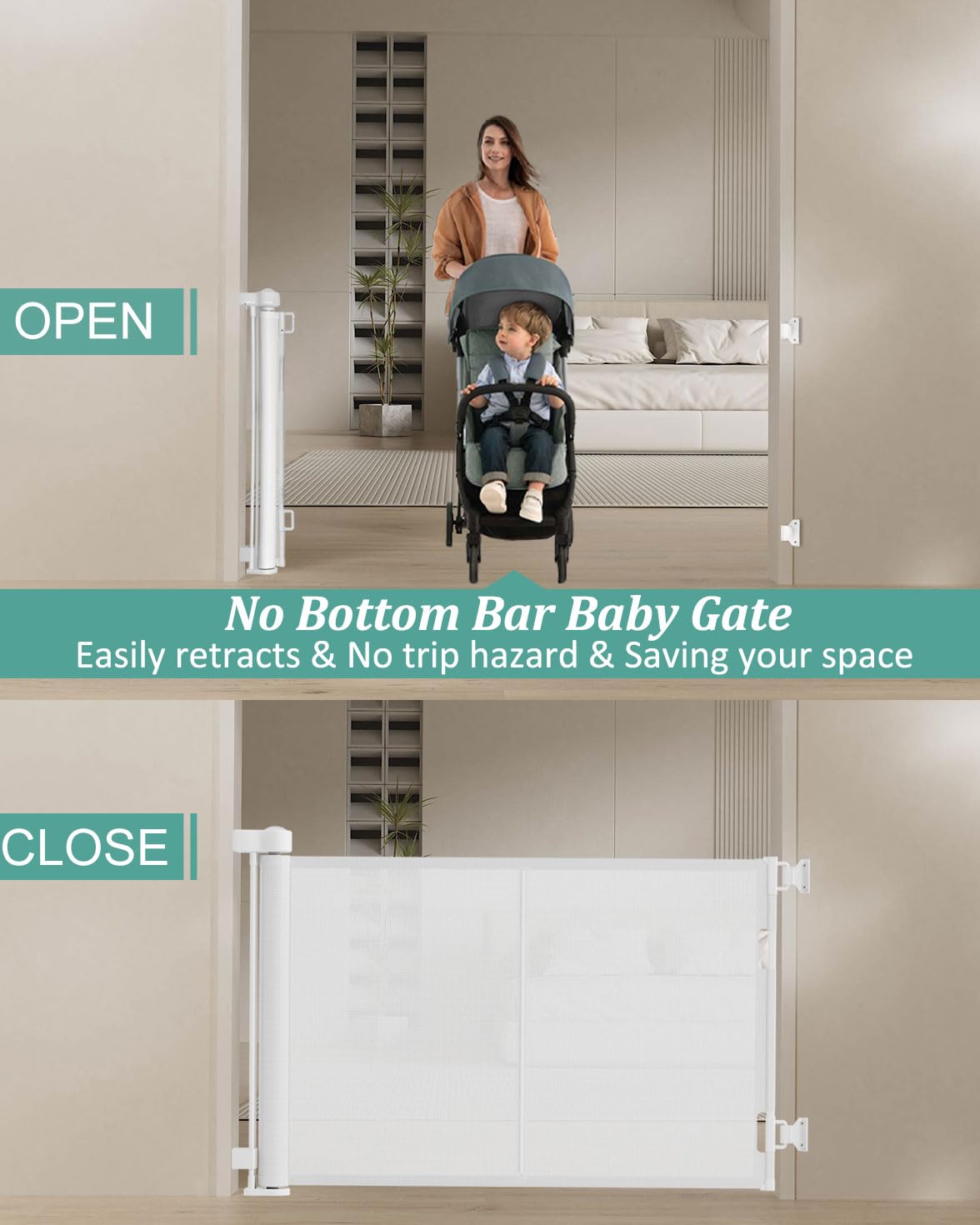 Miumoon 50 inch Retractable Baby Gates 34 inch Tall, Retractable Gate with Reinforced Strip Design to Prevent Crawling Through,