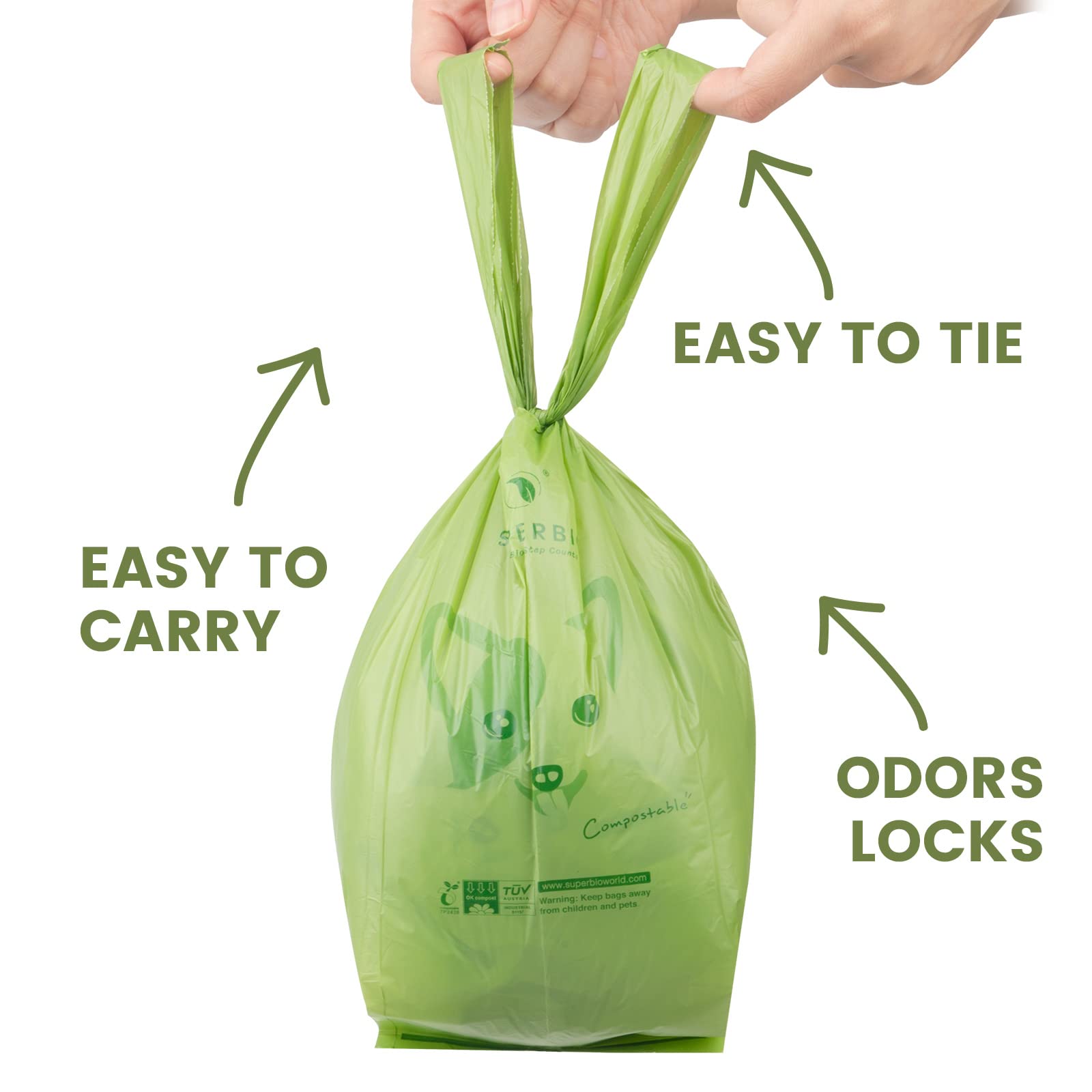 SUPERBIO Extra Thick Dog Poop Bags, 180 Count, Green, Compostable, Strong & Durable - 12 Rolls of Eco-Friendly Waste Bags