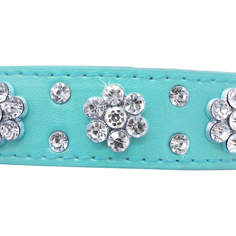Haoyueer Cute Flower Rhinestone Dog Collar, Bling Collar Pu Leather, Adjustable Sizes S (8-10.5 Inch / 21-27Cm), M (10-12.5 Inch / 26-32Cm), L (12-14.5 Inch / 31-37Cm), Blue