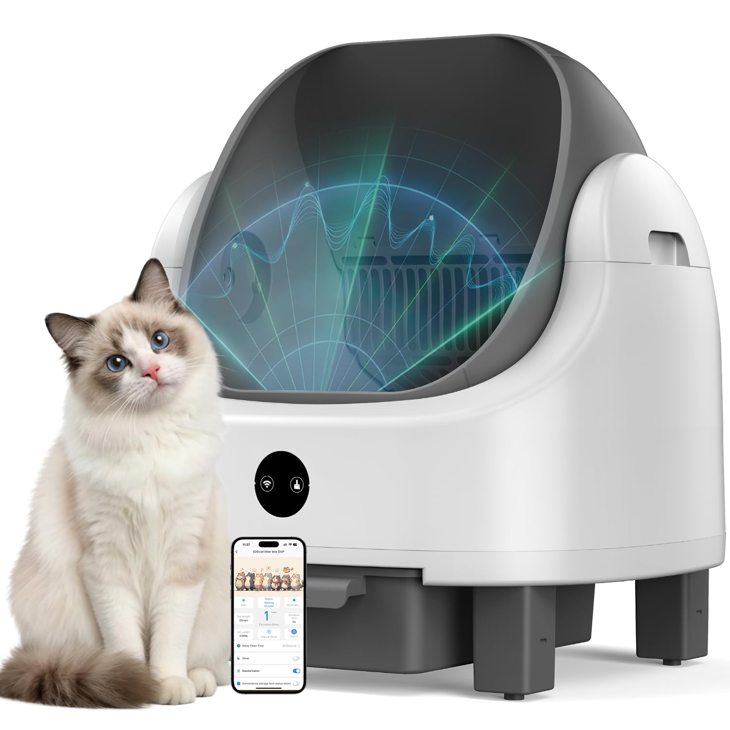 OROLEY Self Cleaning Litter Box, Automatic Litter Box,Odor Control Robot, Cat Ears Design, 96L APP Real-Time Monitor, Cat Litter