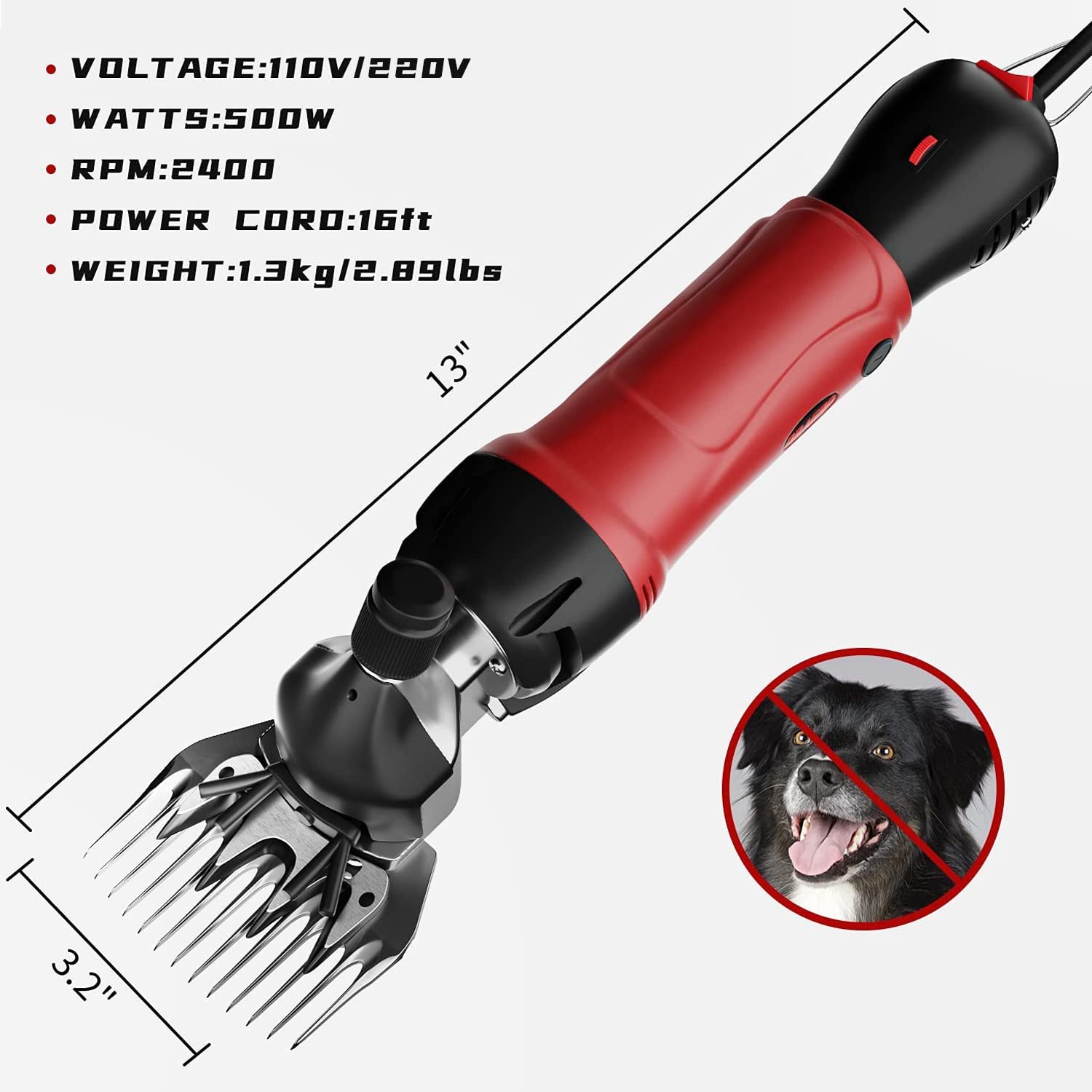 Dragro 500W Professional Electric Sheep Shears, 6-Speed Heavy Duty Clipper for Livestock Grooming - Red, Sheep Clip Size