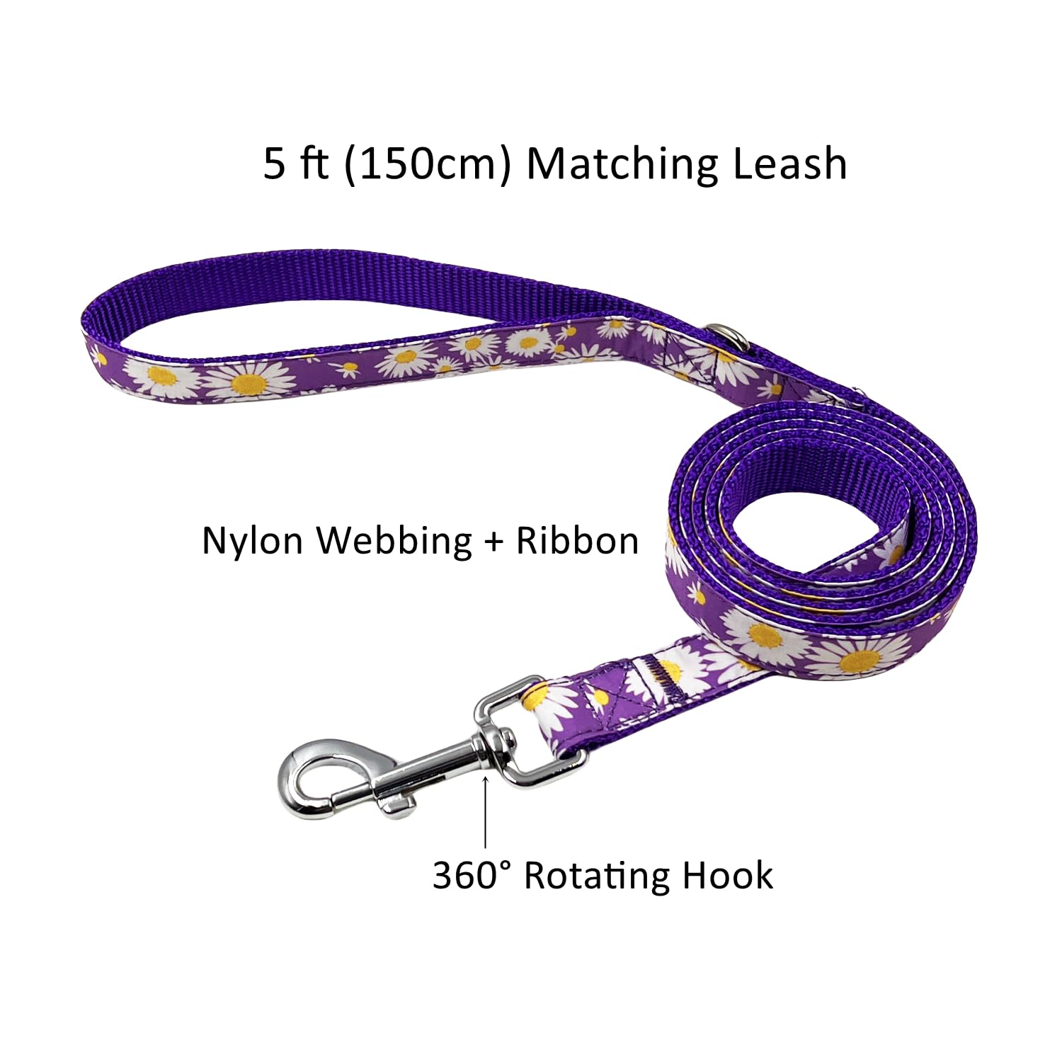 Olahibi Dog Collar Leash Set, Floral Pattern, Nylon Webbing Plus Cotton Ribbon, 5Ft Matching Leash, For Large Dogs.(L, Purple Da