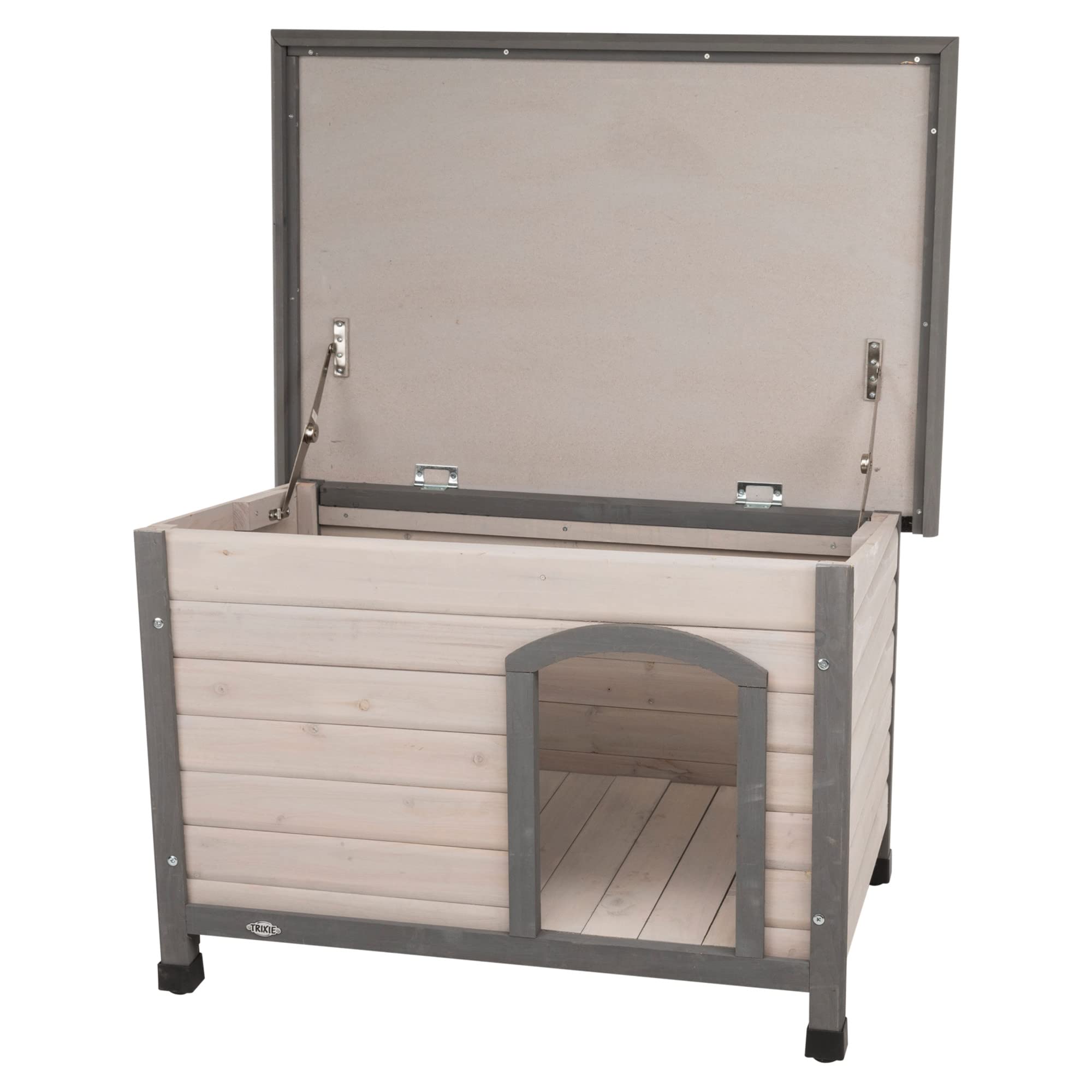 Trixie Natura Classic Dog House – Small Outdoor Dog House With Weatherproof Sealer & Hinged Roof, Wooden Dog House With Adjustable Legs For Small Dogs In Grey – 23.75 X 33.5 X 23 In