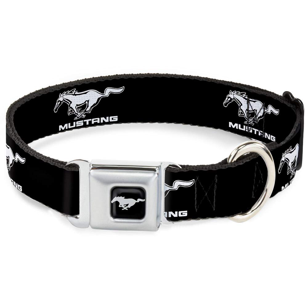 Buckle-Down Seatbelt Buckle Dog Collar - Ford Mustang Black/White Logo Repeat - 1'' Wide - Fits 15-26'' Neck - Large