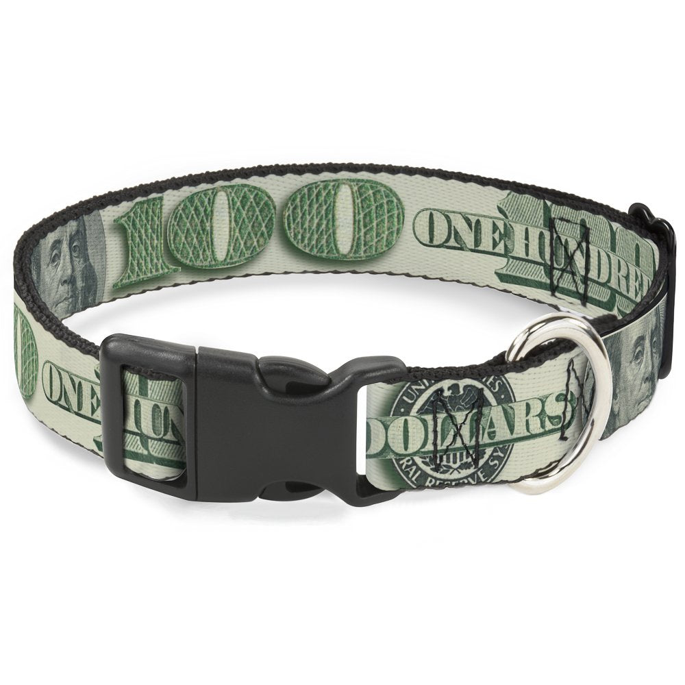 Buckle-Down 100 Dollar Bill C/U/Triple Benjamin Plastic Clip Collar, 1.5 X 16-23/Medium