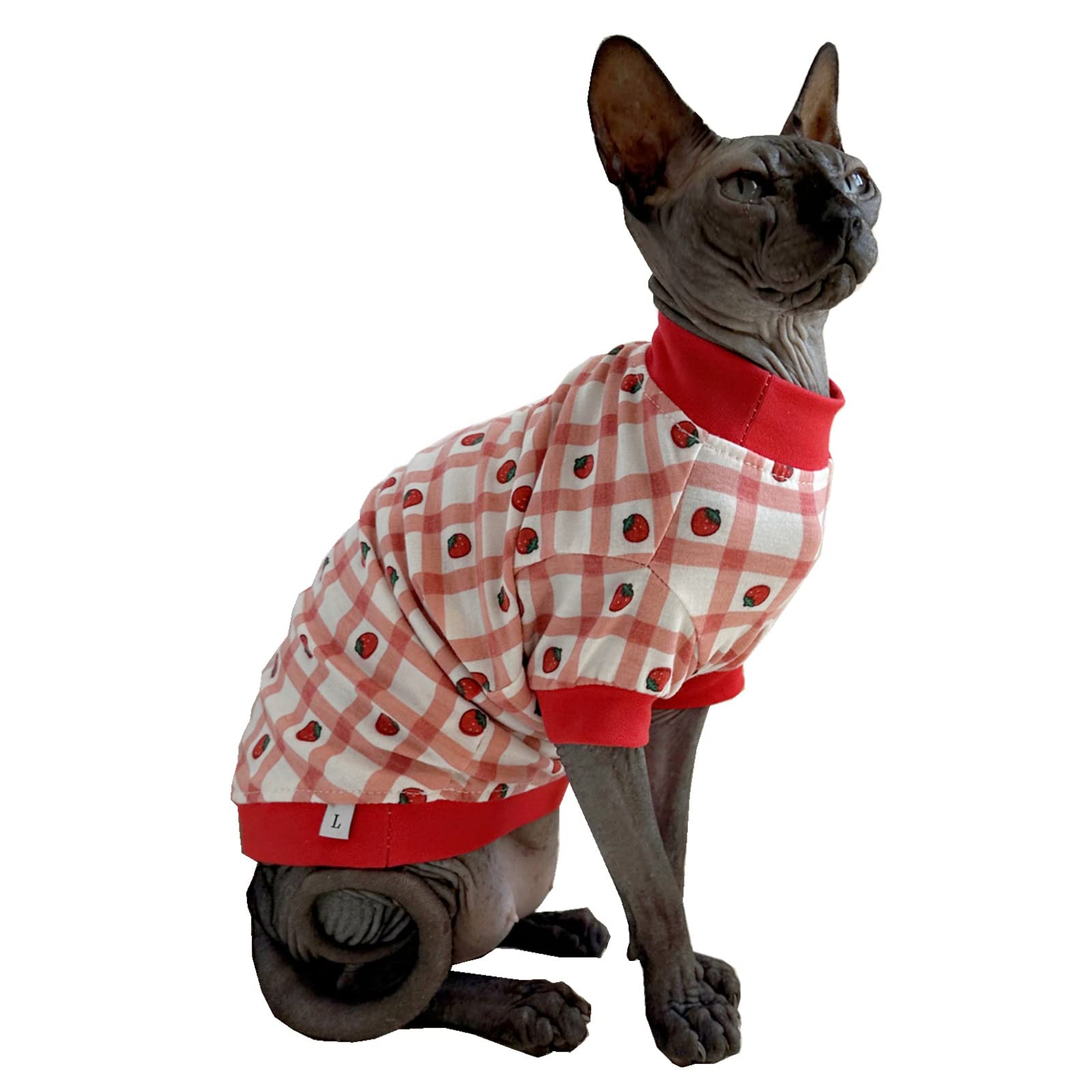 Sphynx Hairless Cat Cute Summer Cotton T-Shirts Pet Clothes,Round Collar Kitten Shirts Cats Apparel (Checkered Strawberry, X-Lar