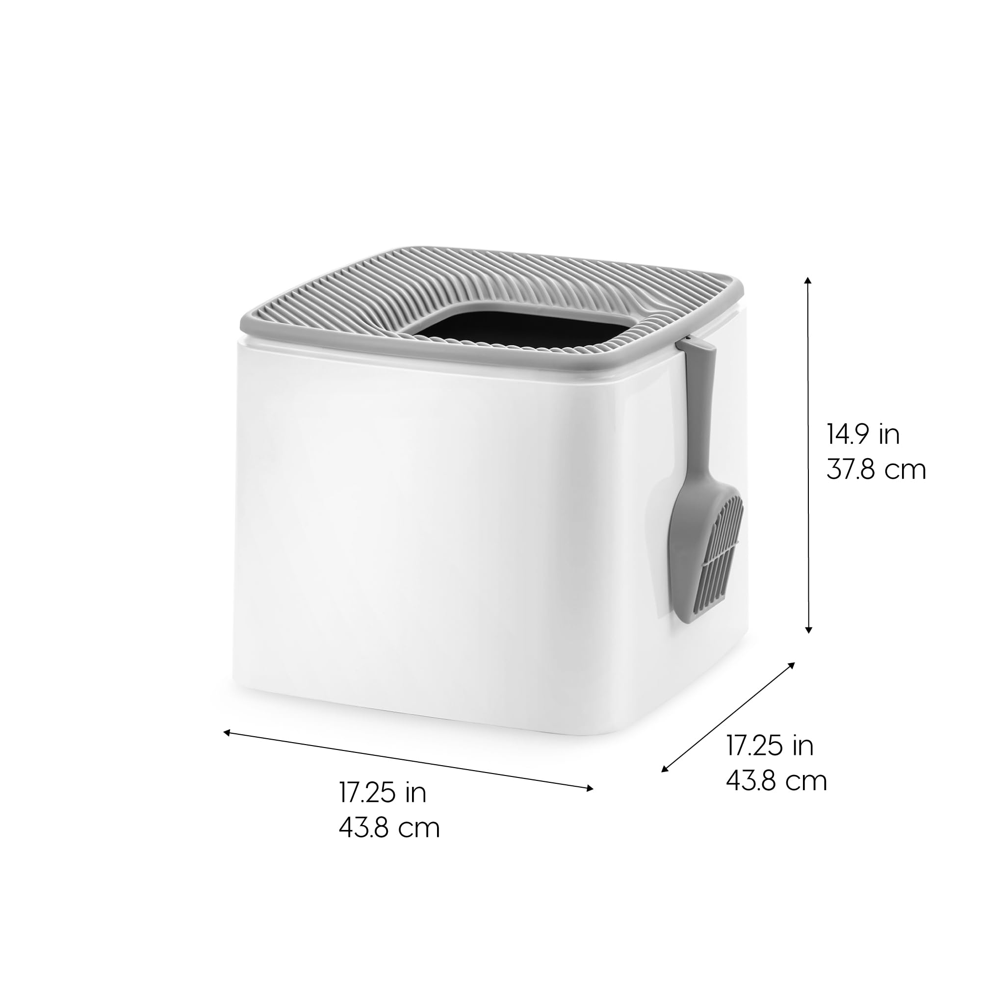 Iris Usa Premium Top Entry Cat Litter Box With Scoop, Square Enclosure For Cat And Kitty, White/Gray