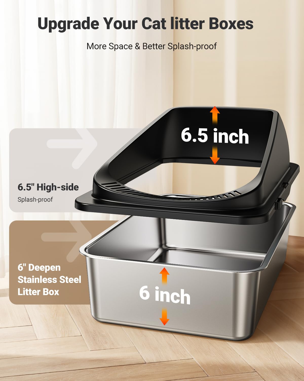 Pedibat Stainless Steel Cat Litter Box With Scoop, Metal Litter Box High Sided, Cat Litter Box Enclosure, Xl Extra Large High-Si