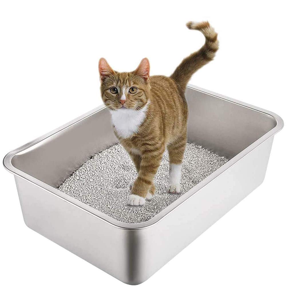 Yangbaga Stainless Steel Litter Box For Cat And Rabbit, Odor Control Litter Pan, Non Stick, Easy To Clean, Rust Proof, Large Size With High Sides And Non Slip Rubber Feet