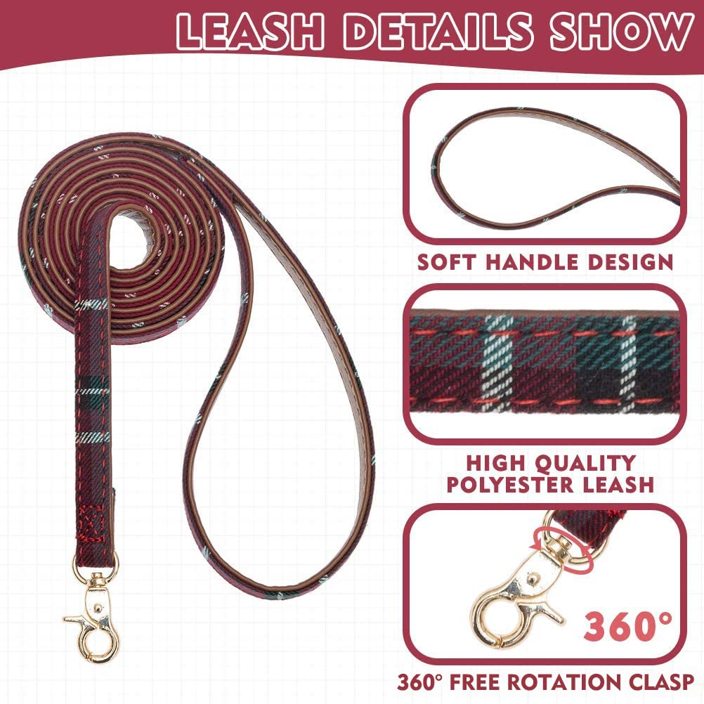 Expawlorer Dog Collar And Leash Set - Classic Plaid Dog Bow Tie And Dog Bandana Collar With Bell, Dog Leash Tangle Free, Adjusta