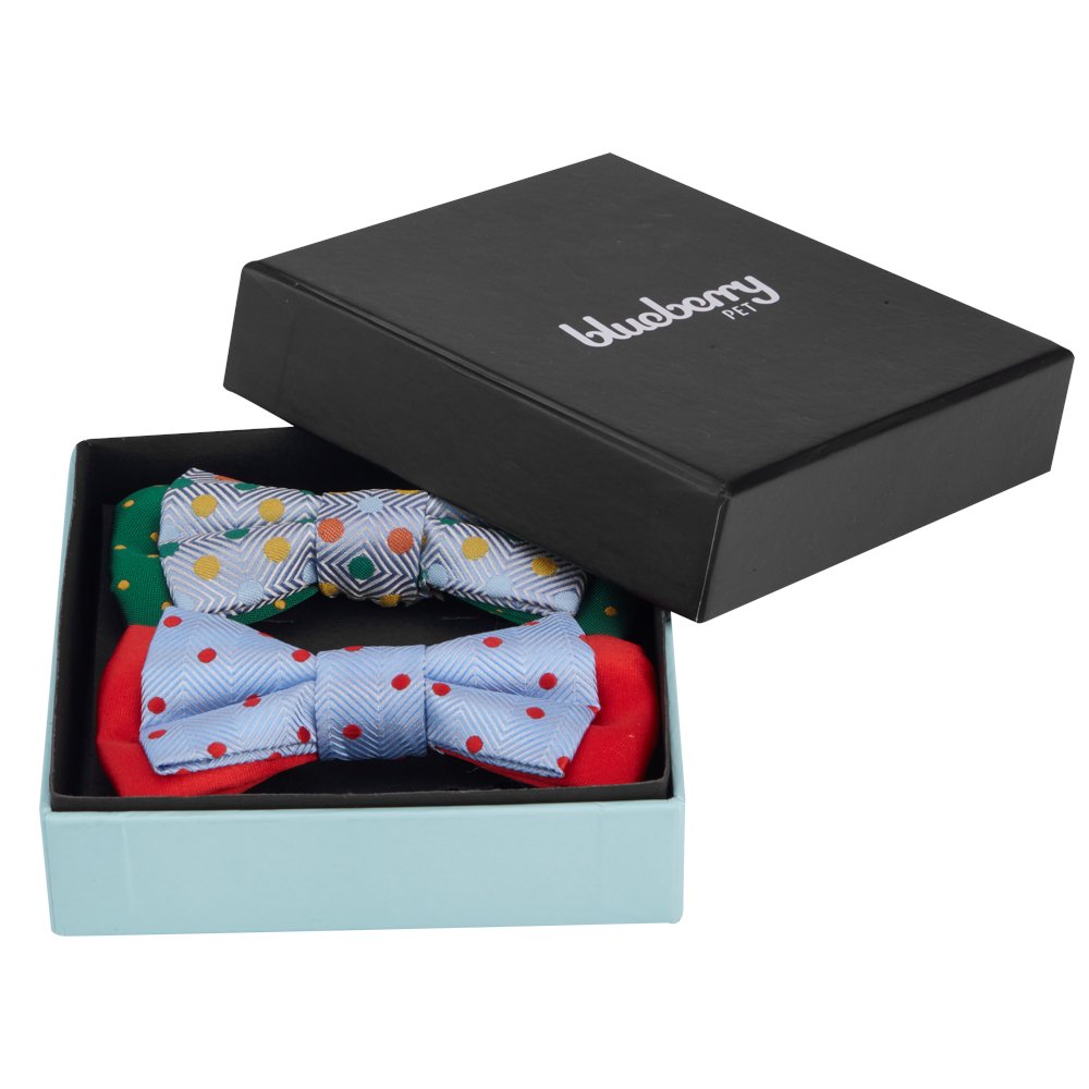 Blueberry Pet Gift Box With Pack Of 2 Handmade Dog Cat Bow Tie, Polka Dots Designer Bowtie Set, 4' * 2.5'