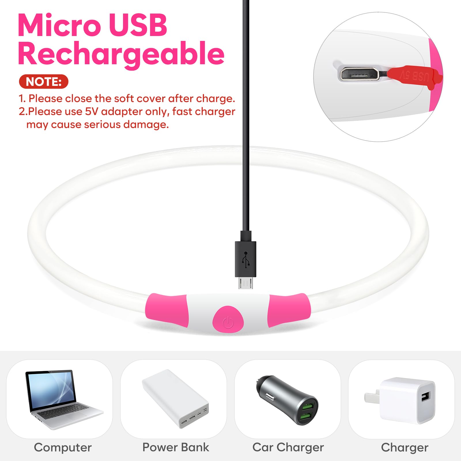 Higo Led Dog Collar, Usb Rechargeable Light Up Dog Collars, Tpu Cuttable Light Dog Necklace Glow In The Dark (Pink)