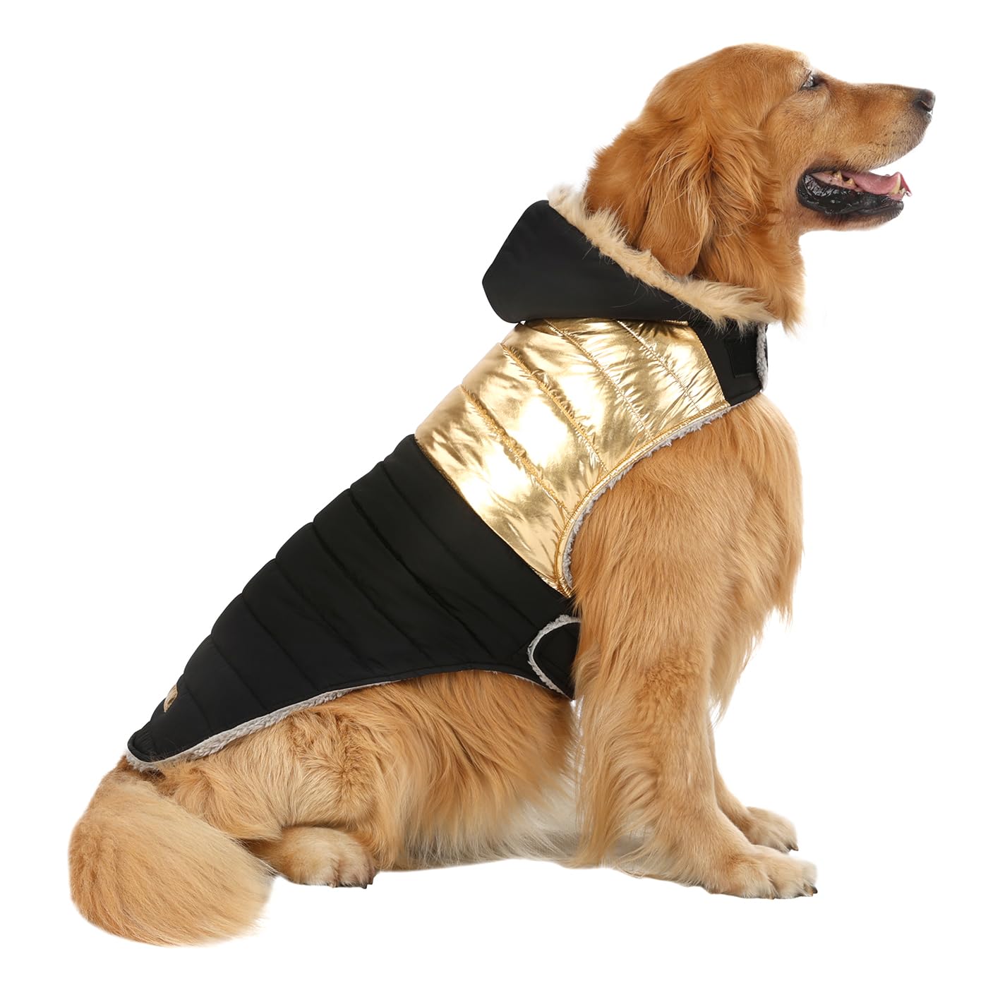 Hde Dog Puffer Jacket Fleece Lined Warm Dog Parka Winter Coat With Harness Hole 90S Black And Gold Metallic - Xl