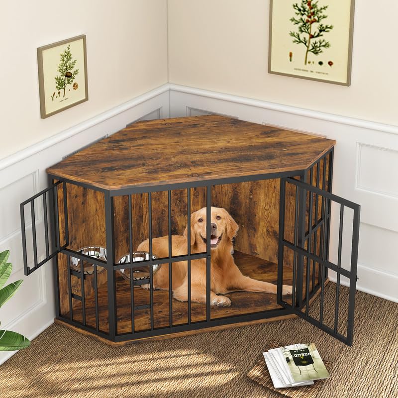 ROOMTEC 53 inch Furniture Dog Crate Corner, Dog Kennel Corner Wooden End Table with Bowl, Indoor Pet Crates Corner Side Table fo